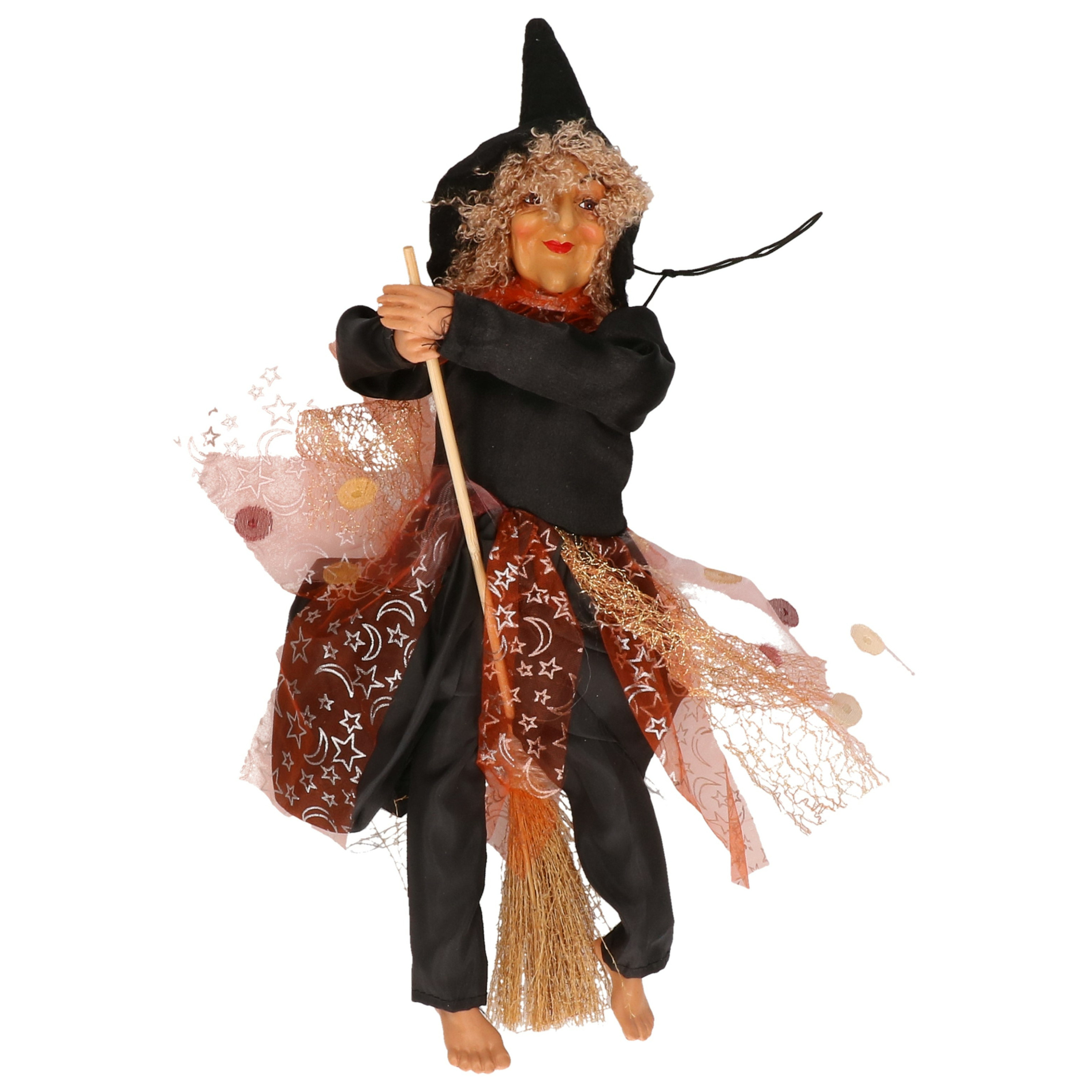 Halloween decoratie heksen pop op bezem 30 cm zwart-bruin