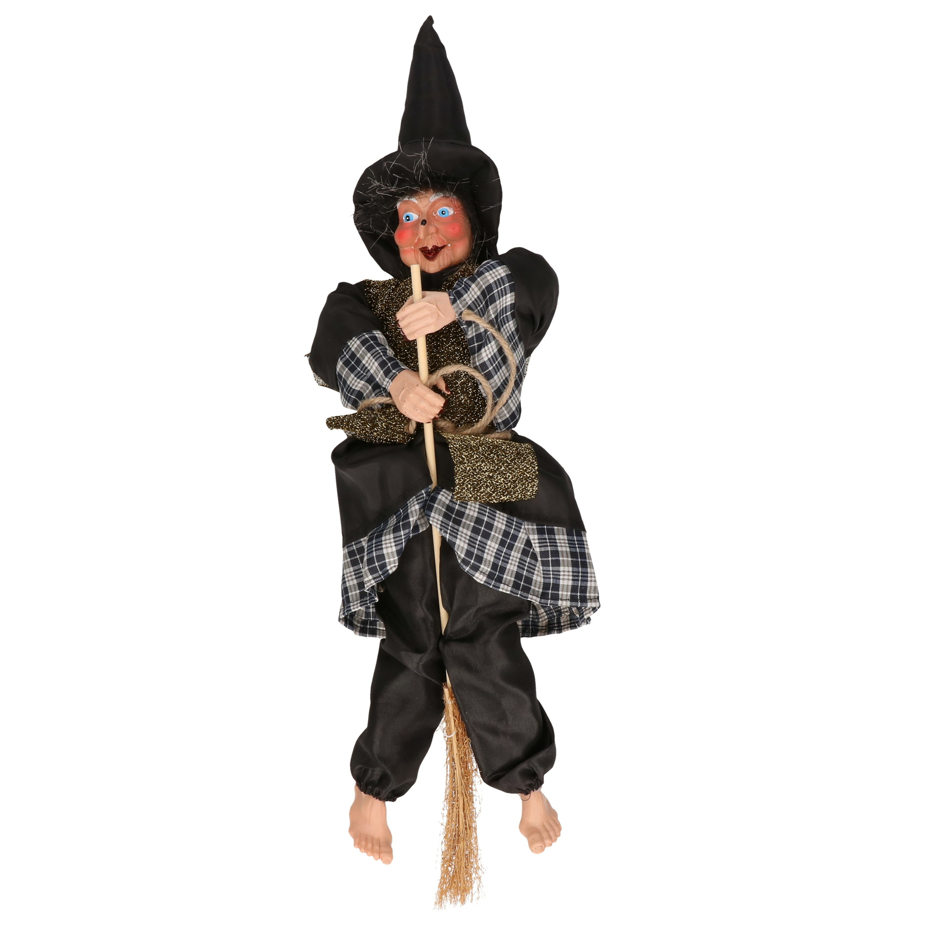 Halloween decoratie heksen pop op bezem 44 cm zwart-goud