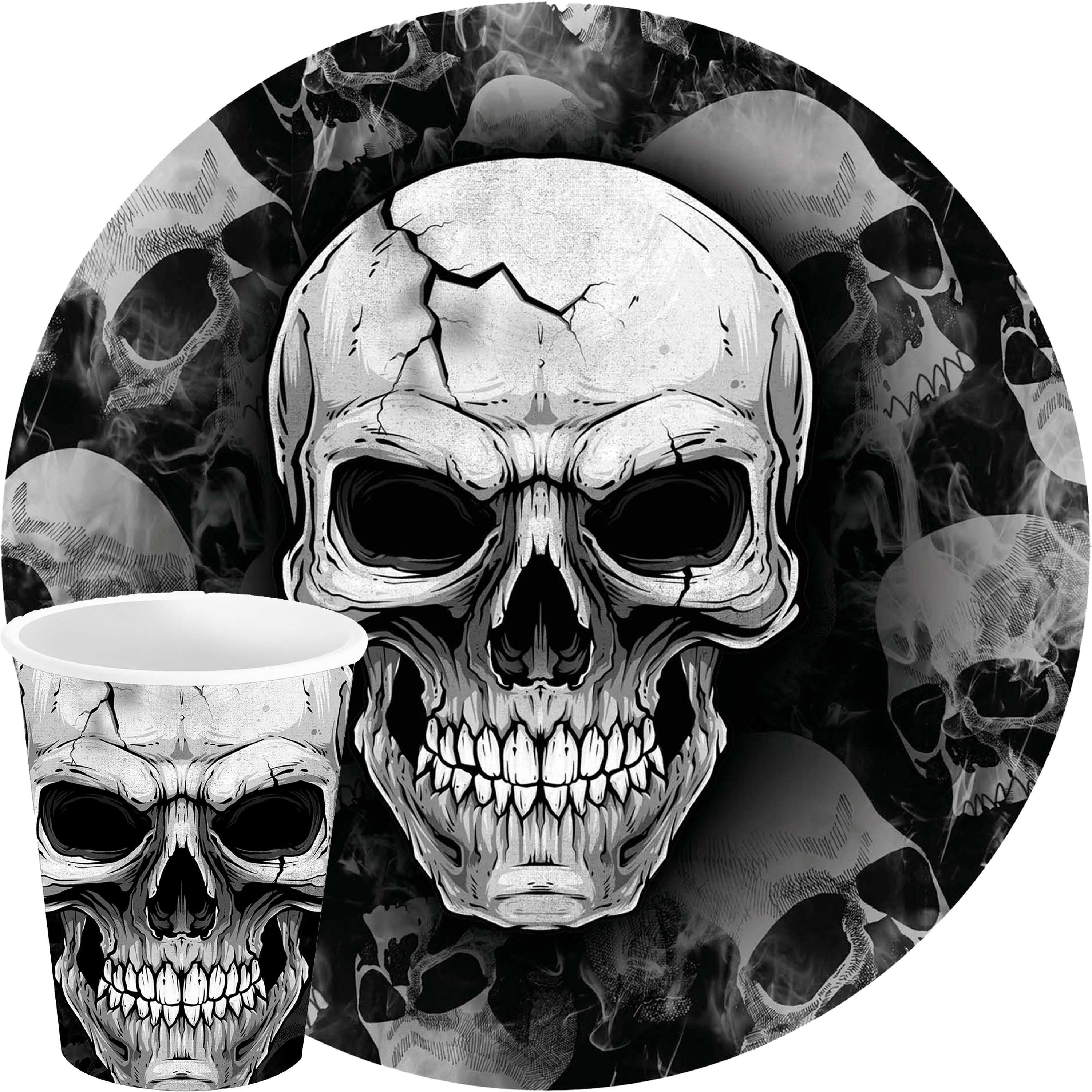 Halloween-horror schedel-doodshoofd feest bord en beker 24x zwart- papier