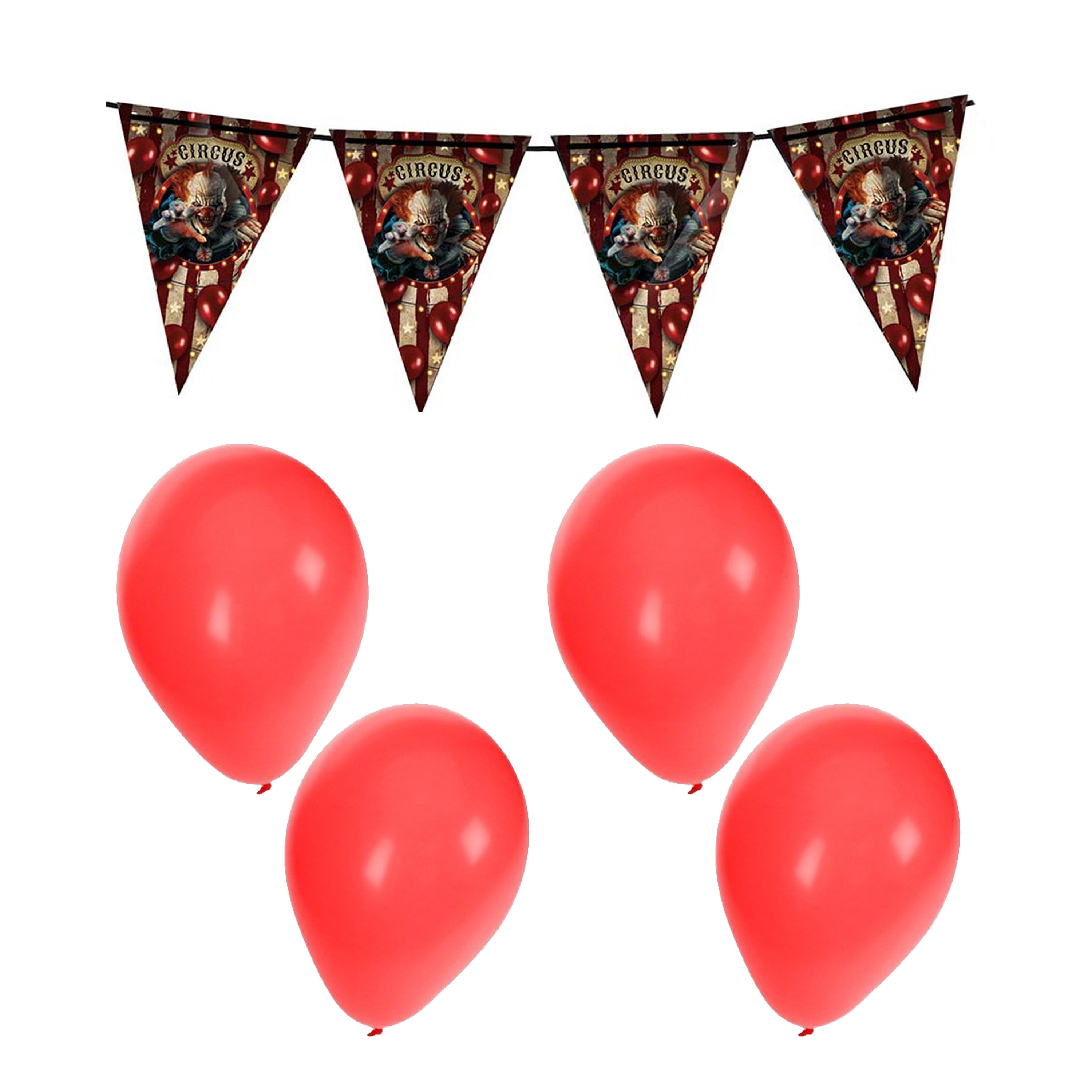 Halloween/horror thema vlaggenlijn - horrorclown circus - 400 cm - incl. 10x ballonnen rood