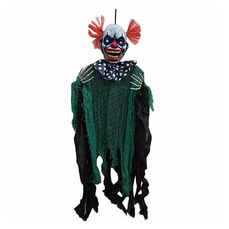 Hangdecoratie pop horror clown zwart-groen met verlichting 90 cm