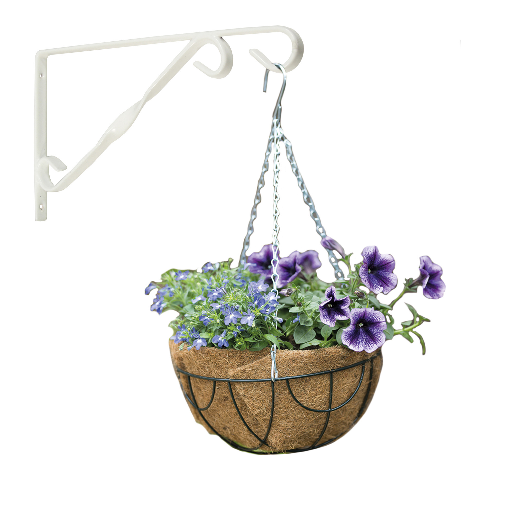 Hanging basket 30 cm met klassieke muurhaak wit en kokos inlegvel metaal hangmand set
