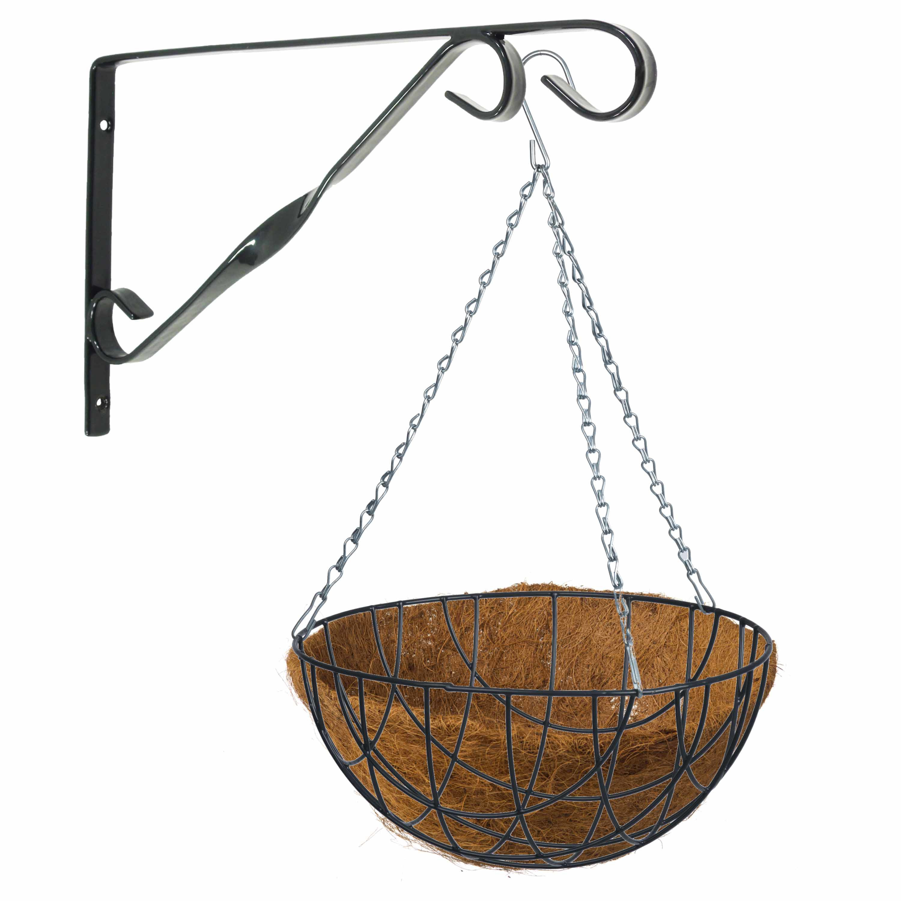Hanging basket 35 cm met klassieke muurhaak zwart en kokos inlegvel metaal complete hangmand set