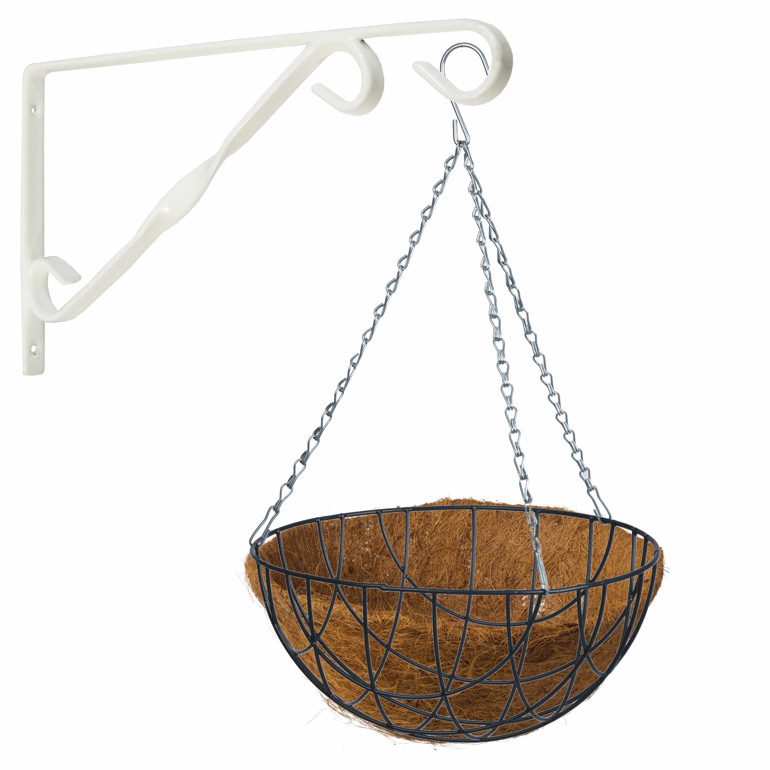 Hanging basket 40 cm met klassieke muurhaak wit en kokos inlegvel metaal complete hangmand set