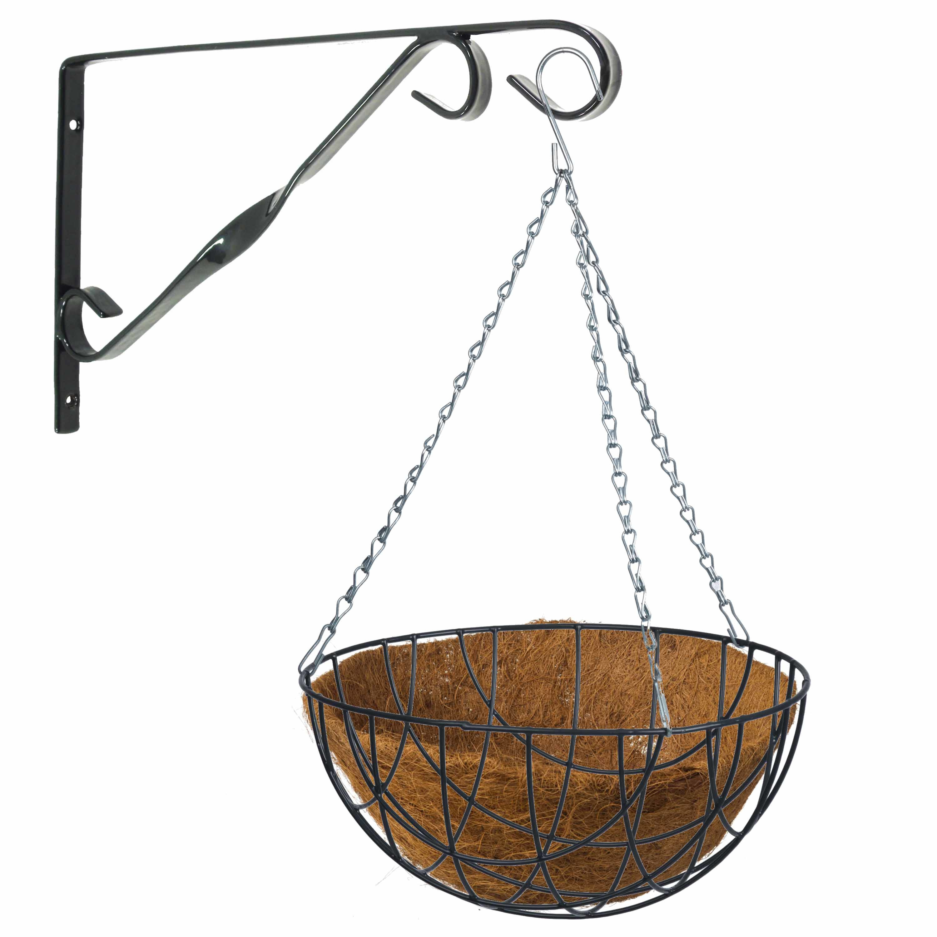 Hanging basket met klassieke muurhaak zwart en kokos inlegvel metaal complete hanging basket set