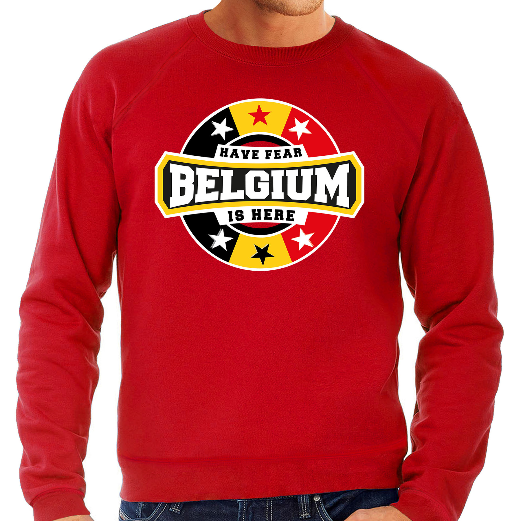 Have fear Belgium-Belgie is here supporter trui-kleding met sterren embleem rood voor heren