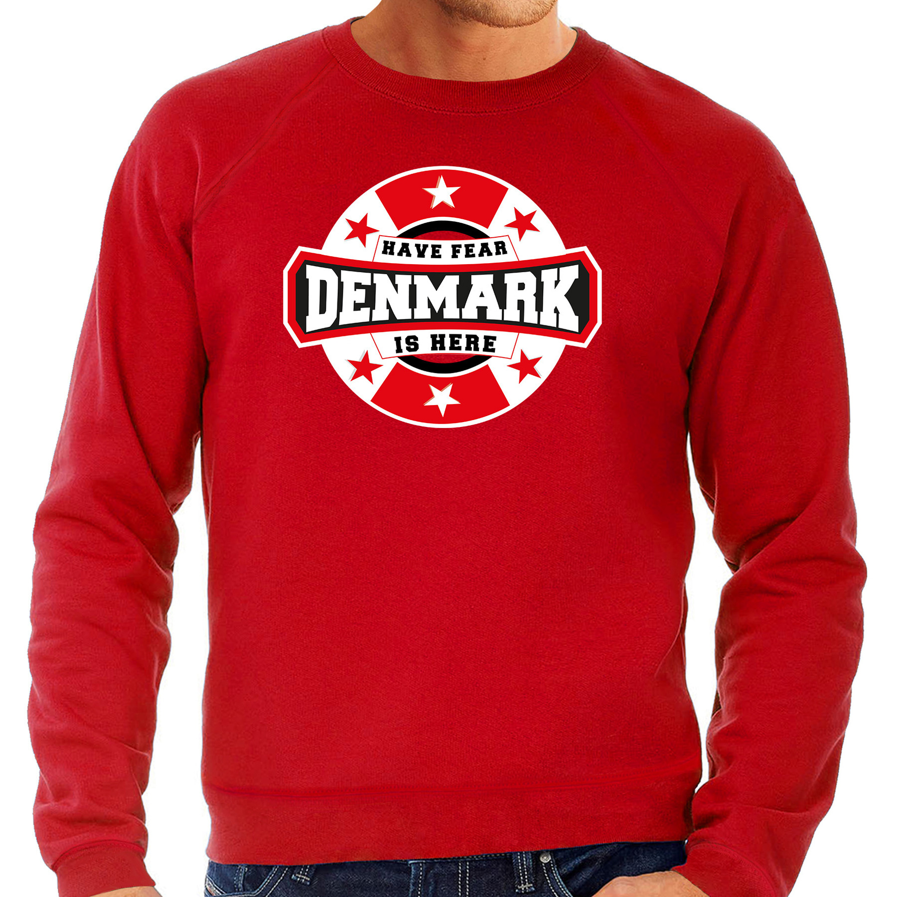 Have fear Denmark-Denemarken is here supporter trui-kleding met sterren embleem rood voor heren