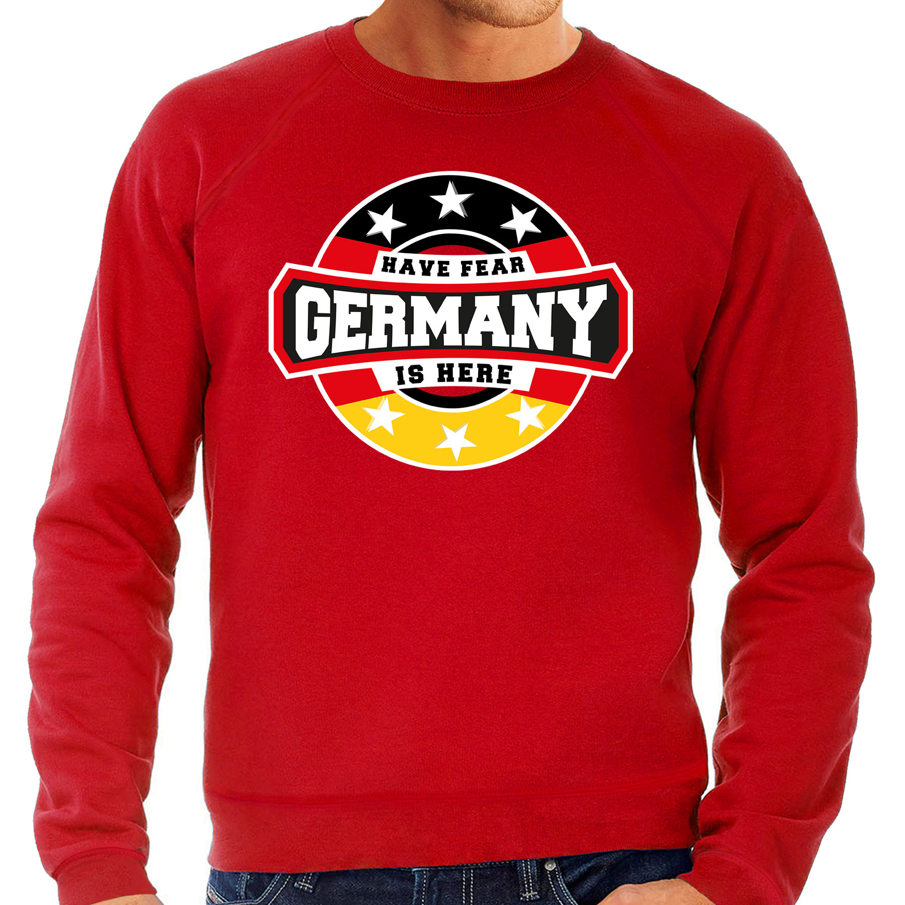 Have fear Germany-Duitsland is here supporter trui-kleding met sterren embleem rood voor heren
