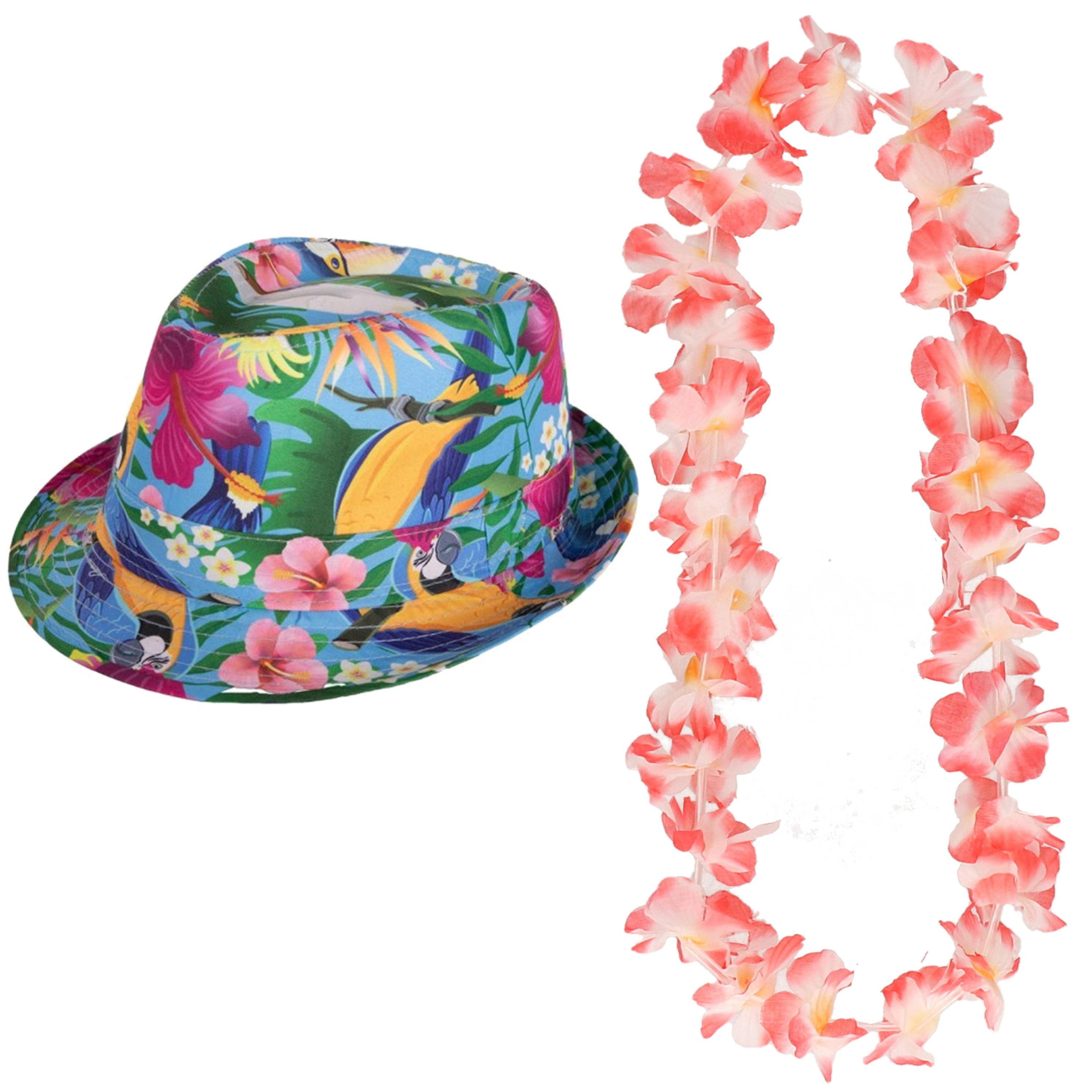 Hawaii thema party verkleedset Hoedje Tropical print bloemenkrans roze mix Tropical toppers