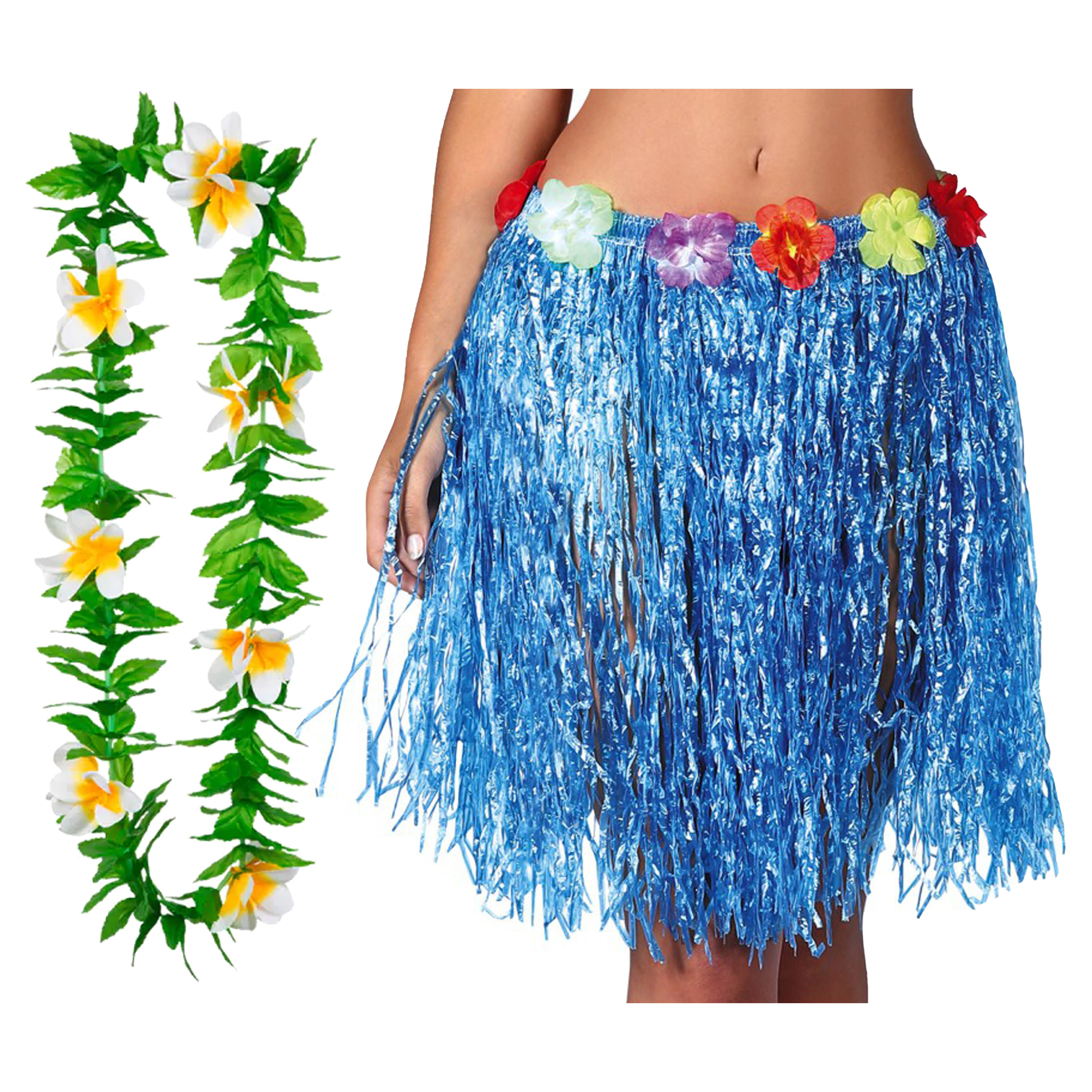 Hawaii verkleed rokje en bloemenkrans volwassenen blauw tropisch themafeest hoela