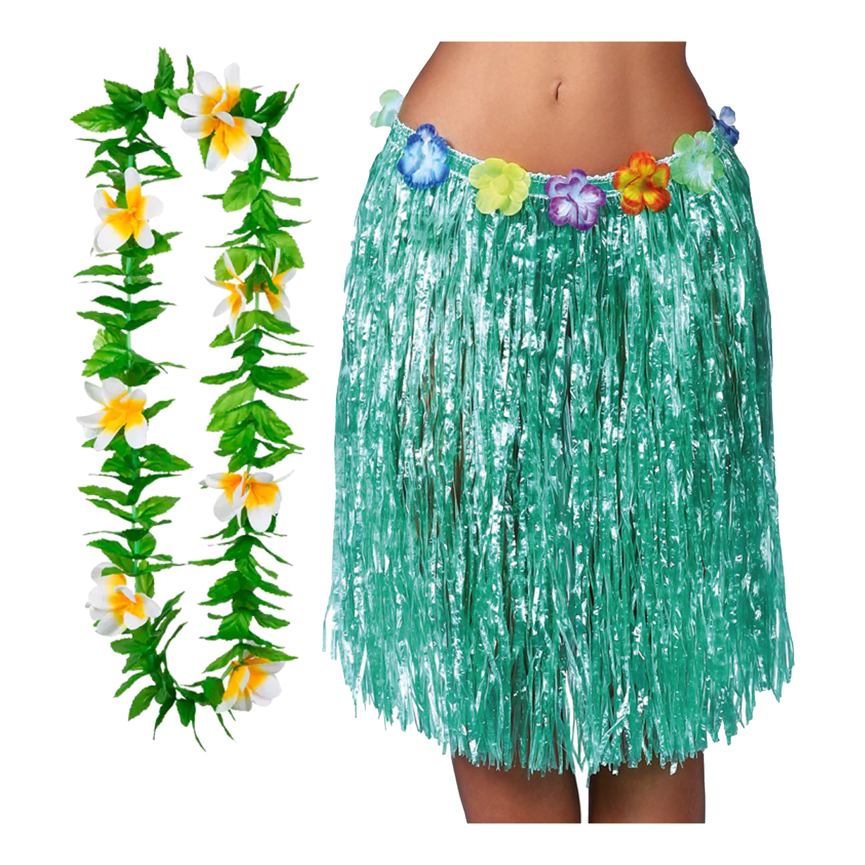 Hawaii verkleed rokje en bloemenkrans volwassenen groen tropisch themafeest hoela