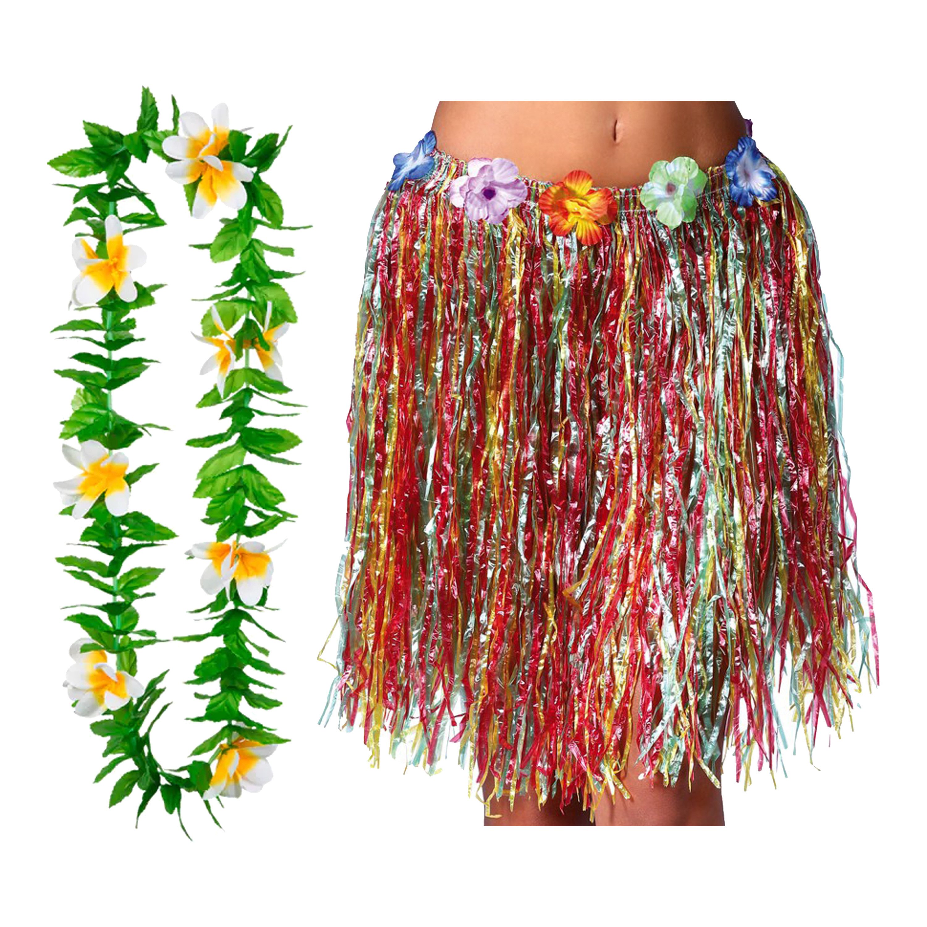 Hawaii verkleed rokje en bloemenkrans volwassenen multi tropisch themafeest hoela