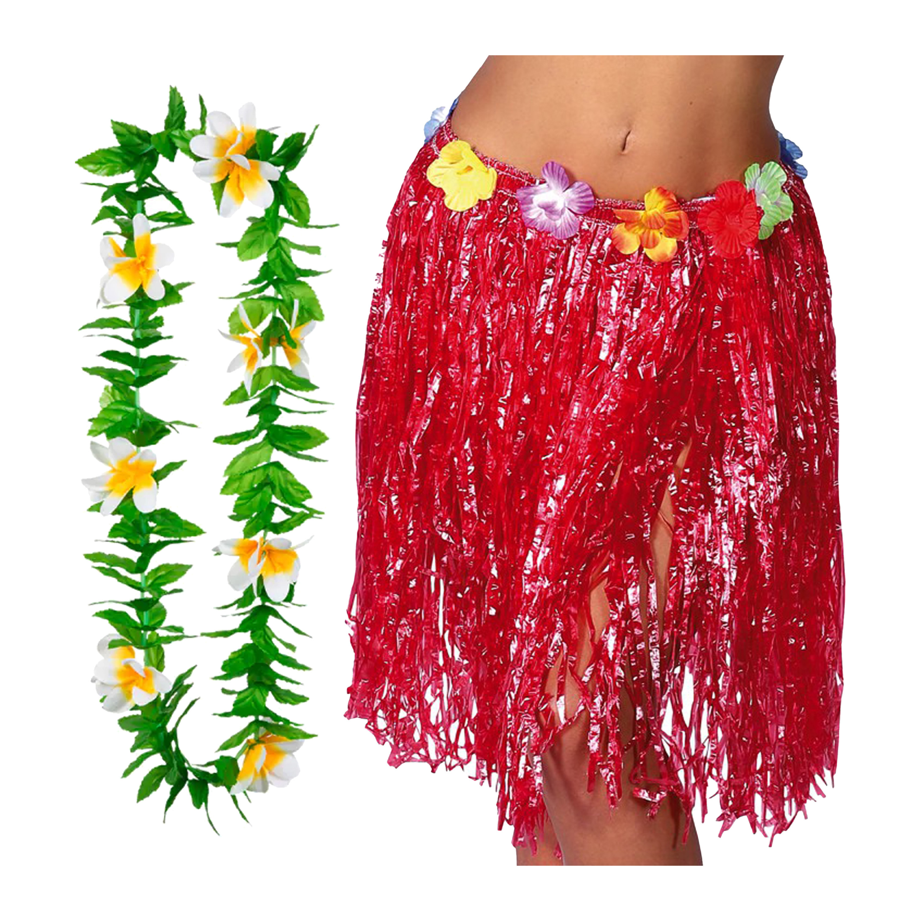 Hawaii verkleed rokje en bloemenkrans volwassenen rood tropisch themafeest hoela