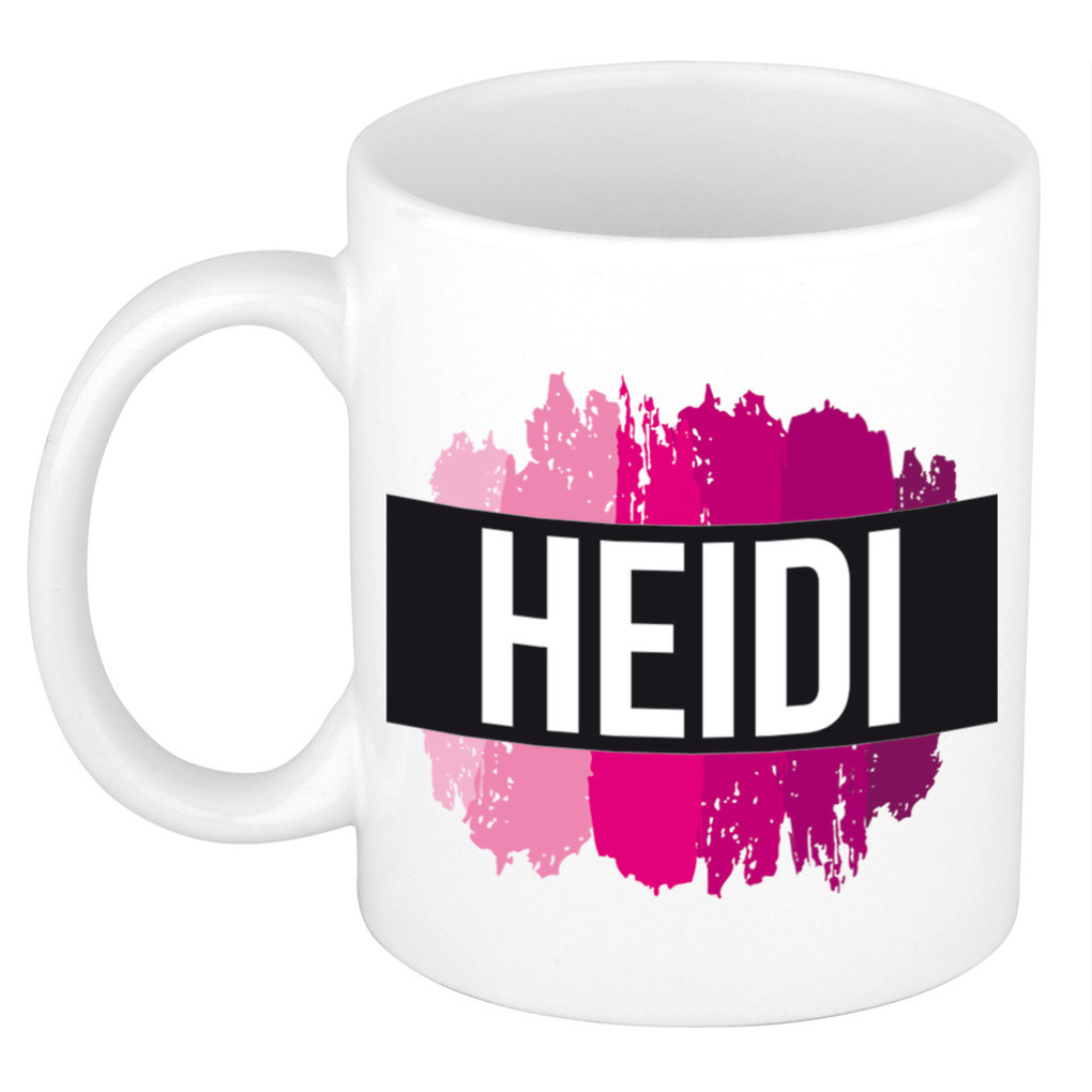 Heidi naam-voornaam kado beker-mok roze verfstrepen Gepersonaliseerde mok met naam