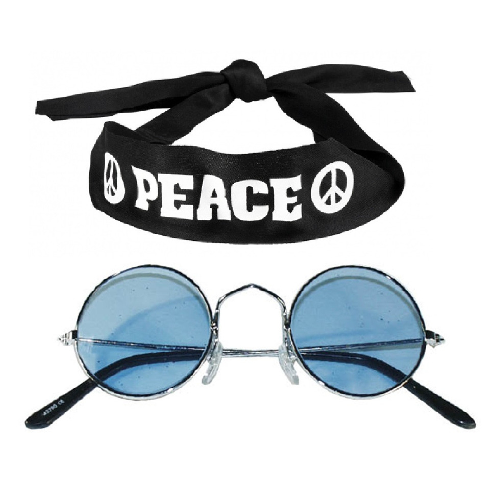 Hippie Flower Power verkleedset hoofdband met ronde glazen bril blauw