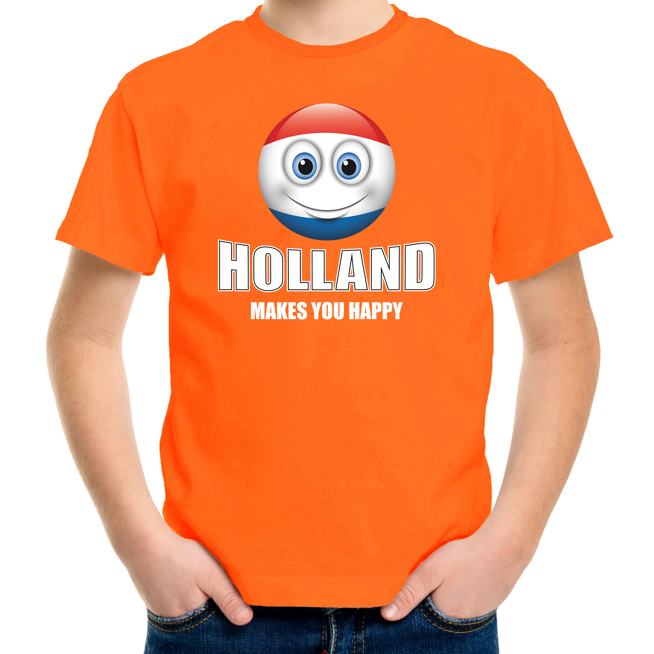 Holland makes you happy landen-vakantie shirt oranje voor kinderen met emoticon