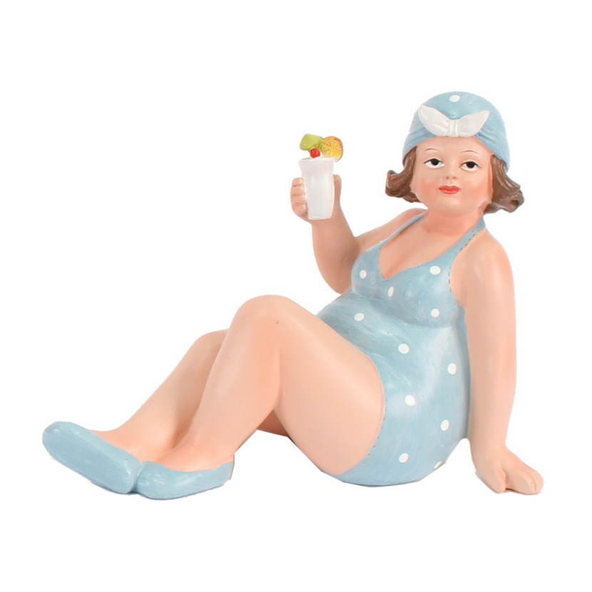 Home decoratie beeldje dikke dame zittend blauw badpak 17 cm