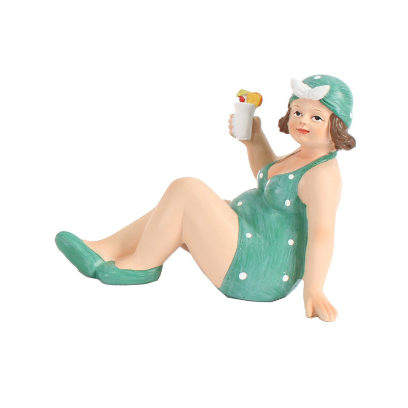 Home decoratie beeldje dikke dame zittend groen badpak 17 cm