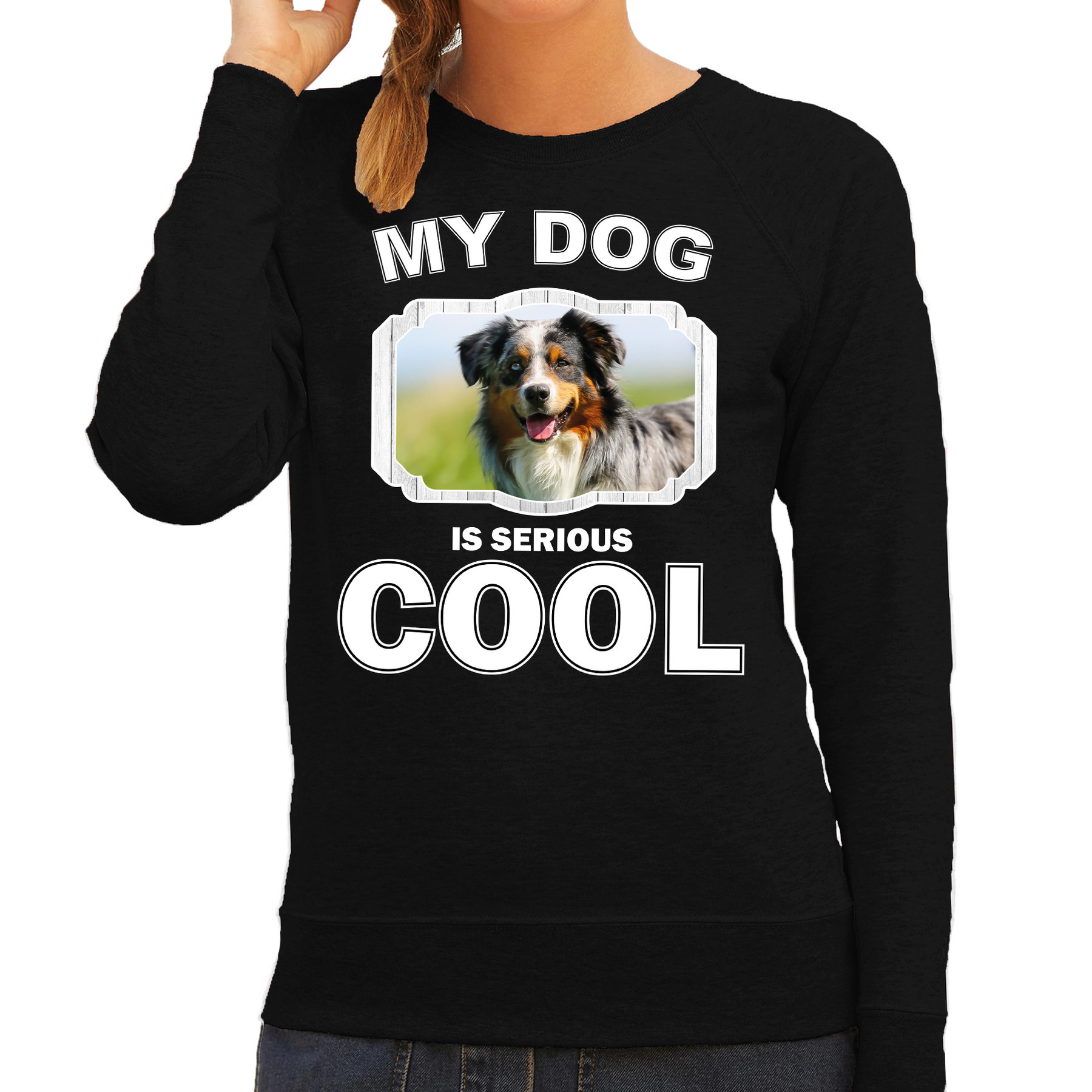 Honden liefhebber trui-sweater Australische herder my dog is serious cool zwart voor dames