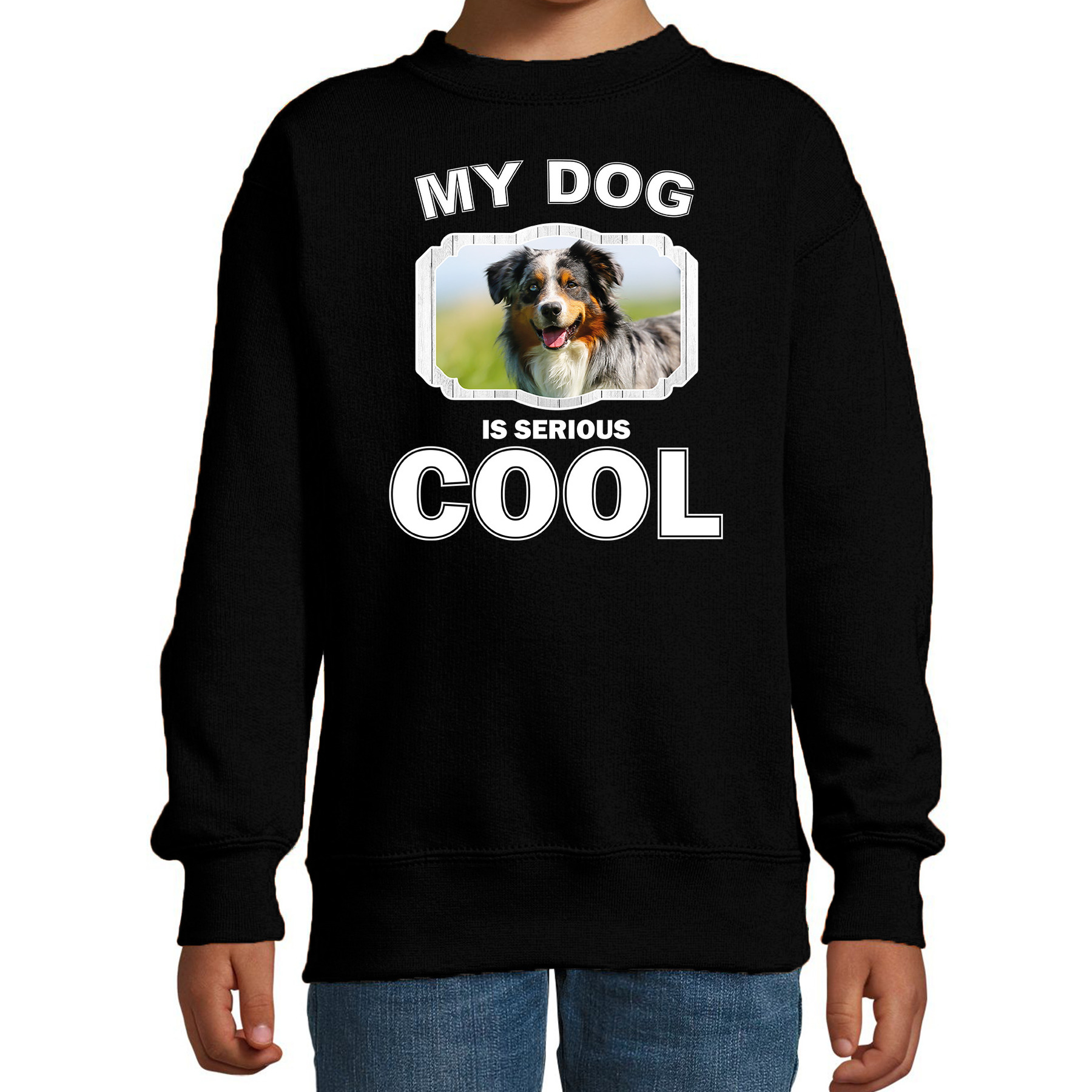 Honden liefhebber trui-sweater Australische herder my dog is serious cool zwart voor kinderen