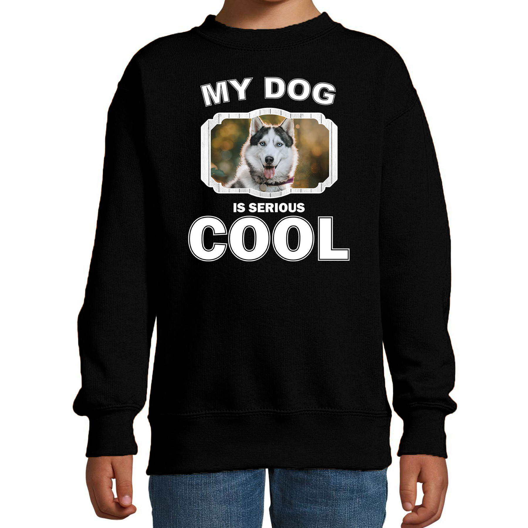 Honden liefhebber trui-sweater Husky my dog is serious cool zwart voor kinderen
