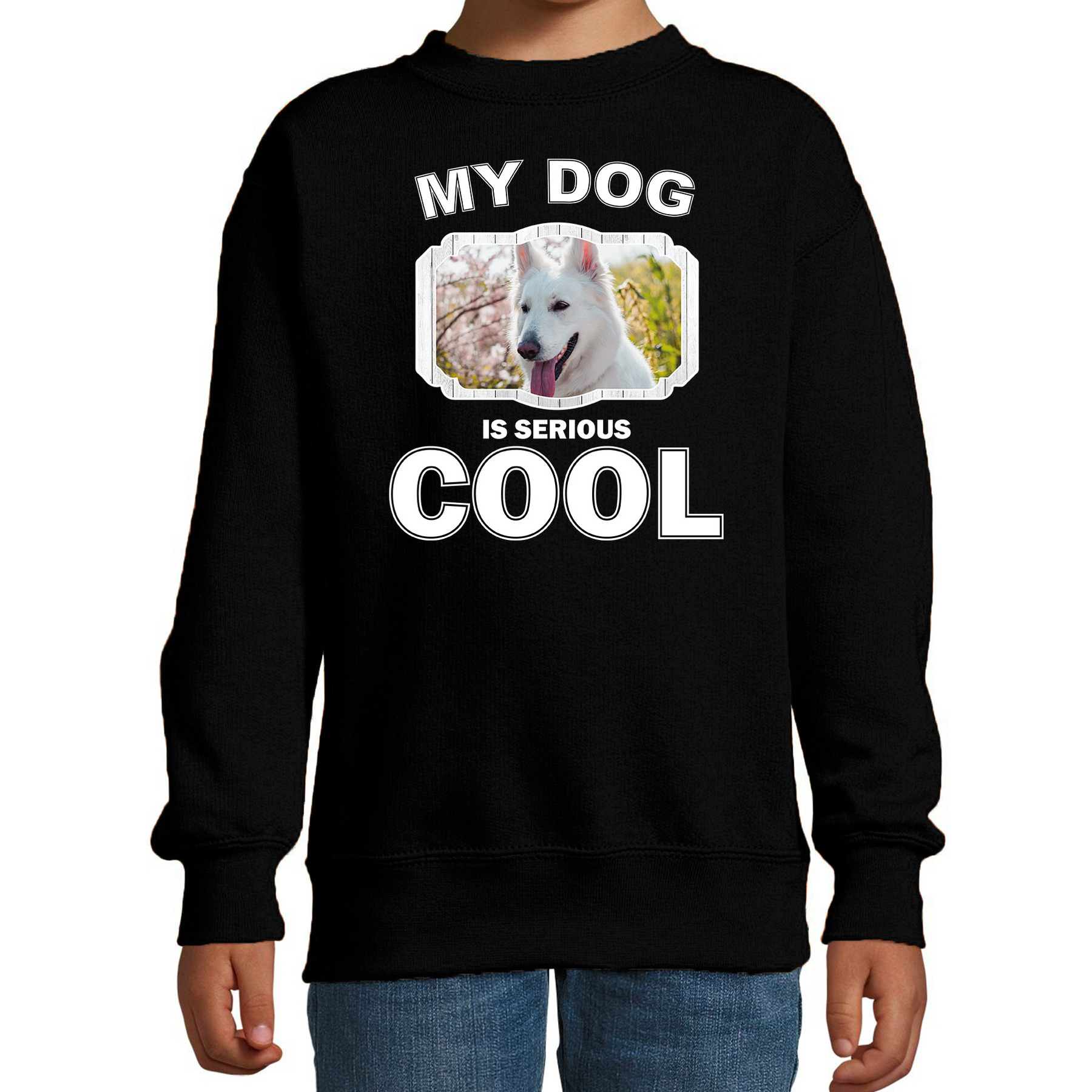 Honden liefhebber trui-sweater Witte herder my dog is serious cool zwart voor kinderen