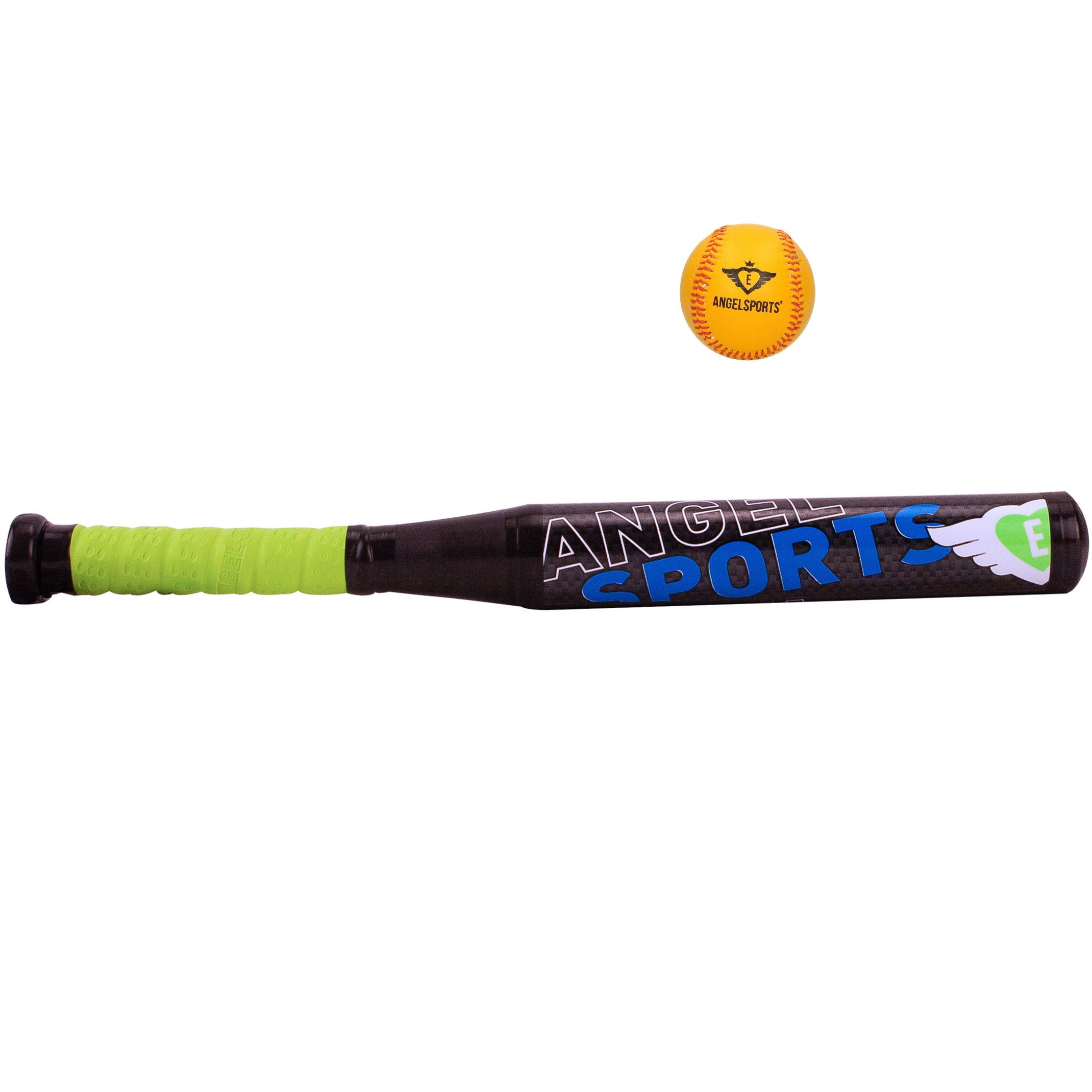 Honkbal knuppel van kunststof zwart-groen 45 cm + honkbal-softbal oranje-geel 10 cm