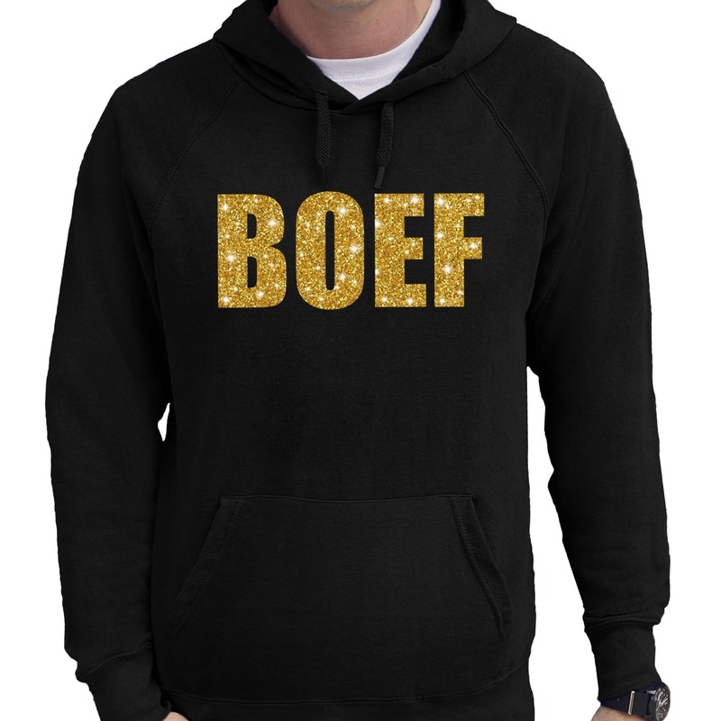 Hooded sweater zwart met goud BOEF glitter bedrukking voor heren