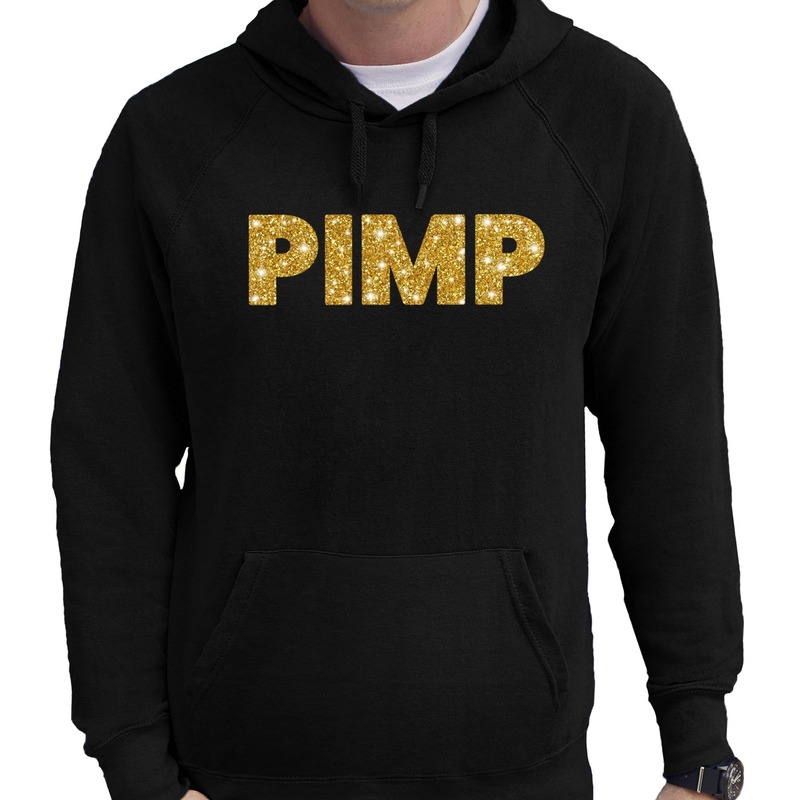 Hooded sweater zwart met goud PIMP glitter bedrukking voor heren