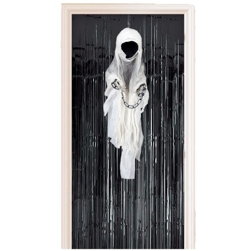 Horror decoratie pakket hangende geest-spook pop met zwart deurgordijn