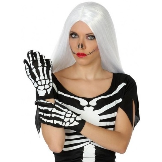 Horror verkleed handschoenen zwart-wit met skelet print voor dames