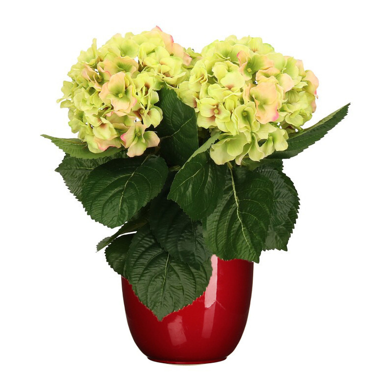 Hortensia kunstplant-kunstbloemen 36 cm groen-roze in pot rood