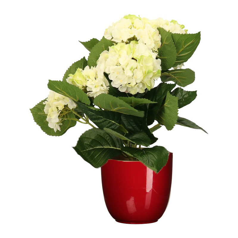 Hortensia kunstplant-kunstbloemen 36 cm wit-groen in pot rood glans