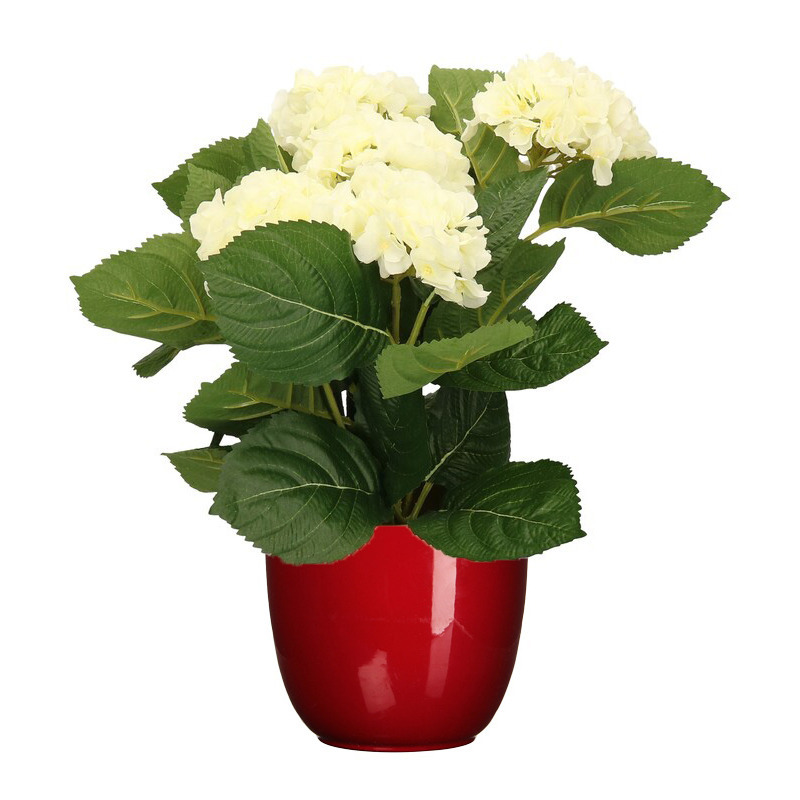 Hortensia kunstplant-kunstbloemen 36 cm wit in pot rood glans