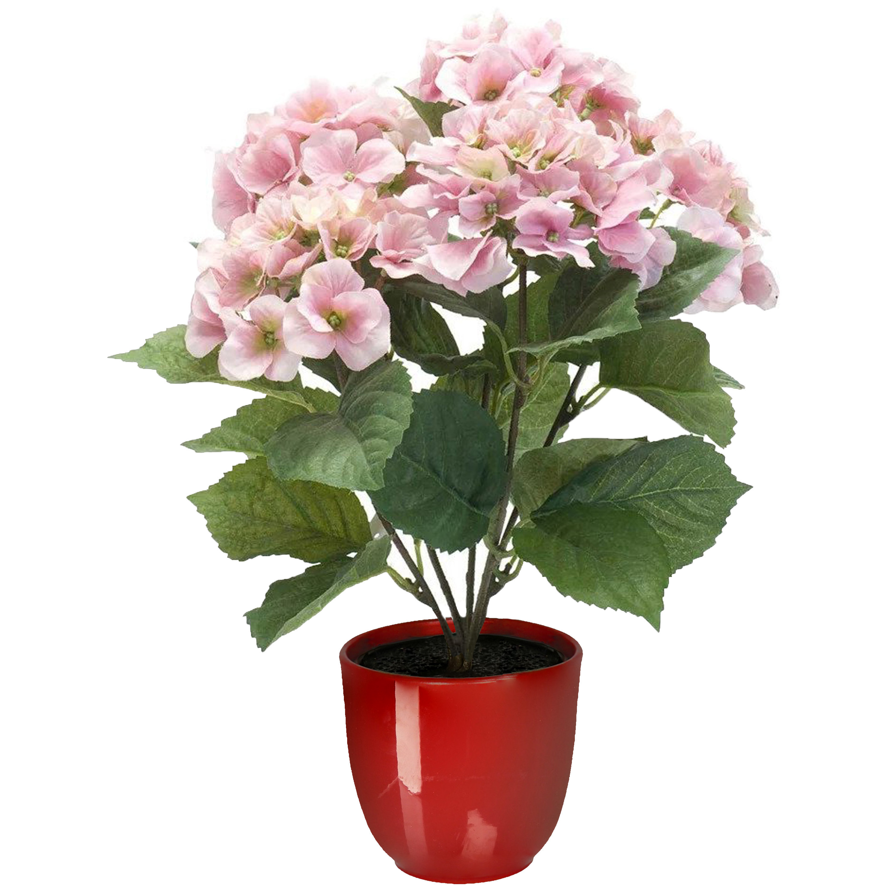 Hortensia kunstplant-kunstbloemen 40 cm roze in pot rood glans