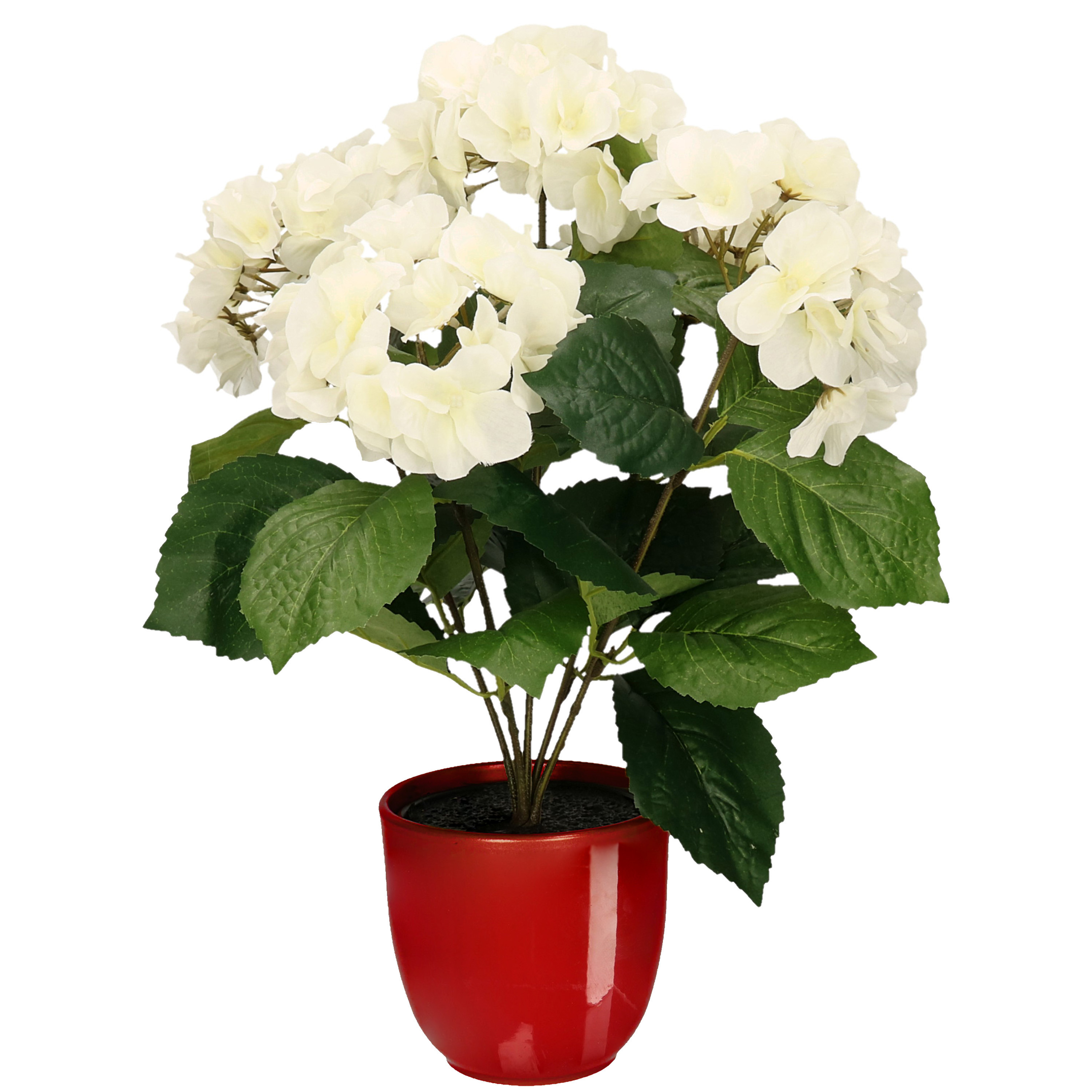 Hortensia kunstplant-kunstbloemen 40 cm wit in pot rood glans