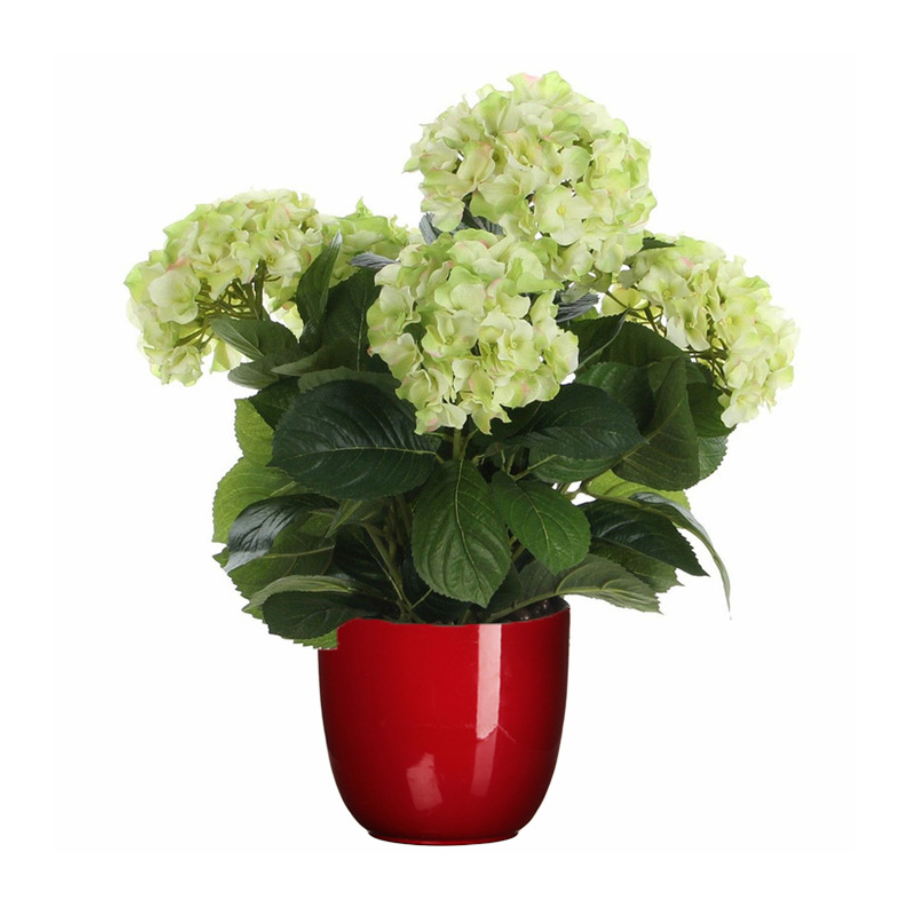 Hortensia kunstplant-kunstbloemen 45 cm groen in pot rood glans