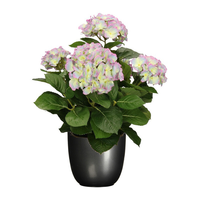 Hortensia kunstplant-kunstbloemen 45 cm paars-groen in pot titanium grijs glans