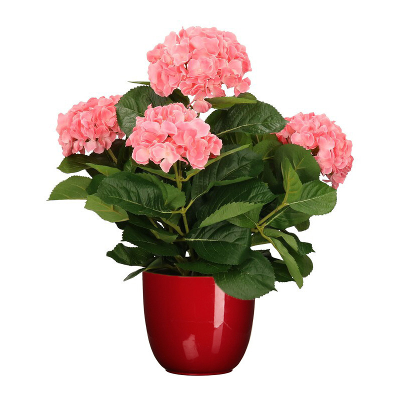 Hortensia kunstplant-kunstbloemen 45 cm roze in pot rood glans