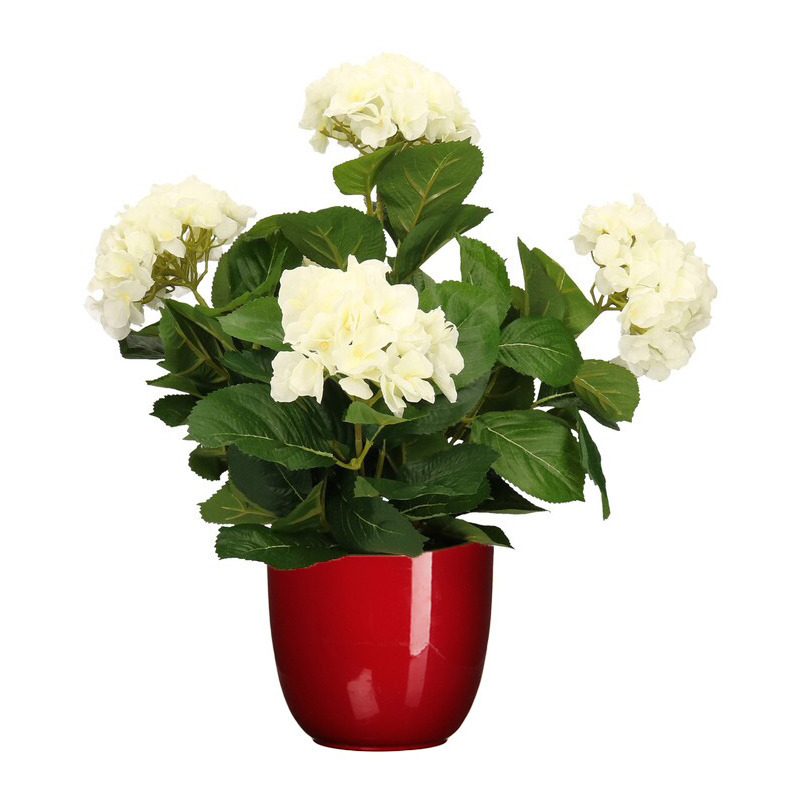 Hortensia kunstplant-kunstbloemen 45 cm wit in pot rood glans