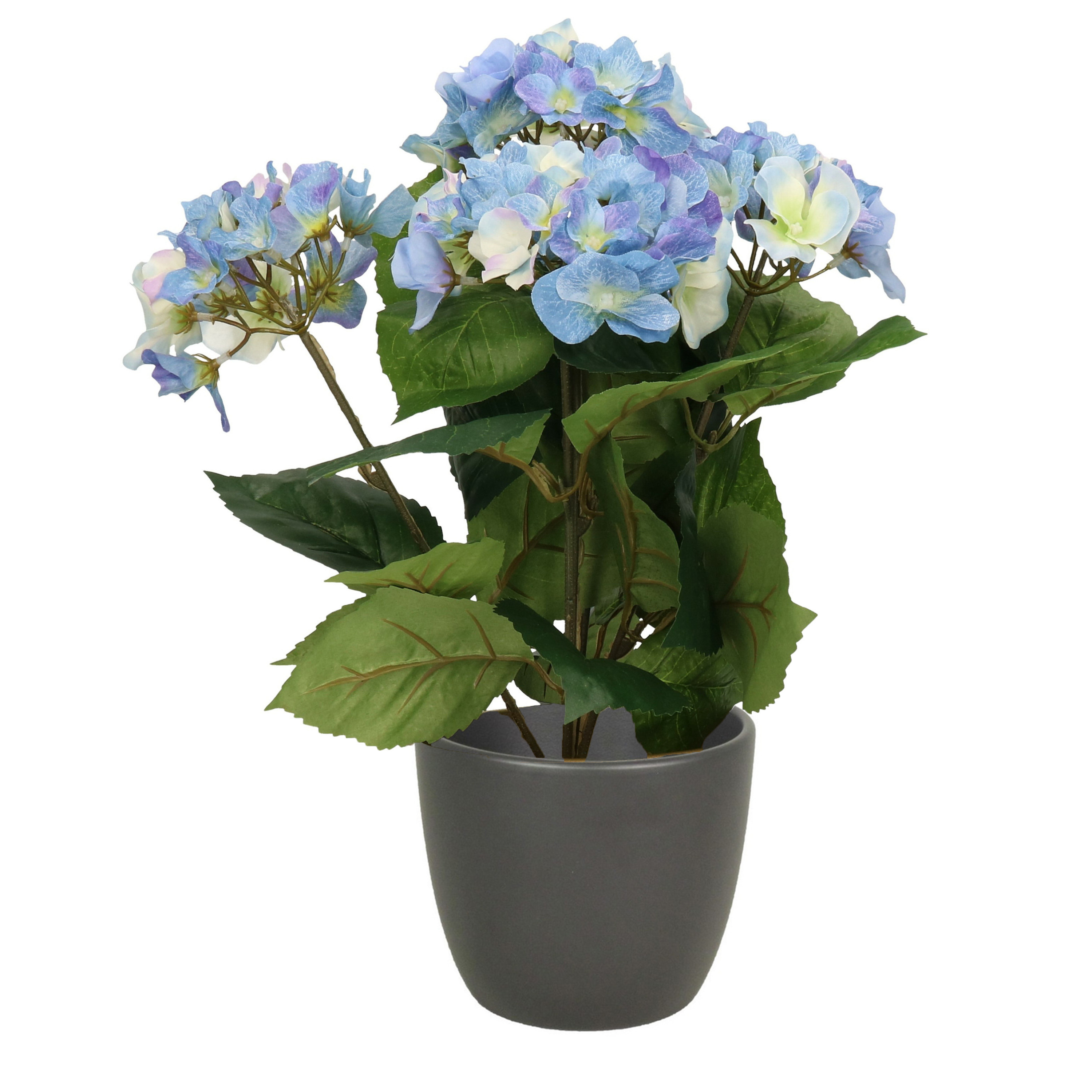 Hortensia kunstplant met bloemen blauw in pot antraciet 40 cm hoog