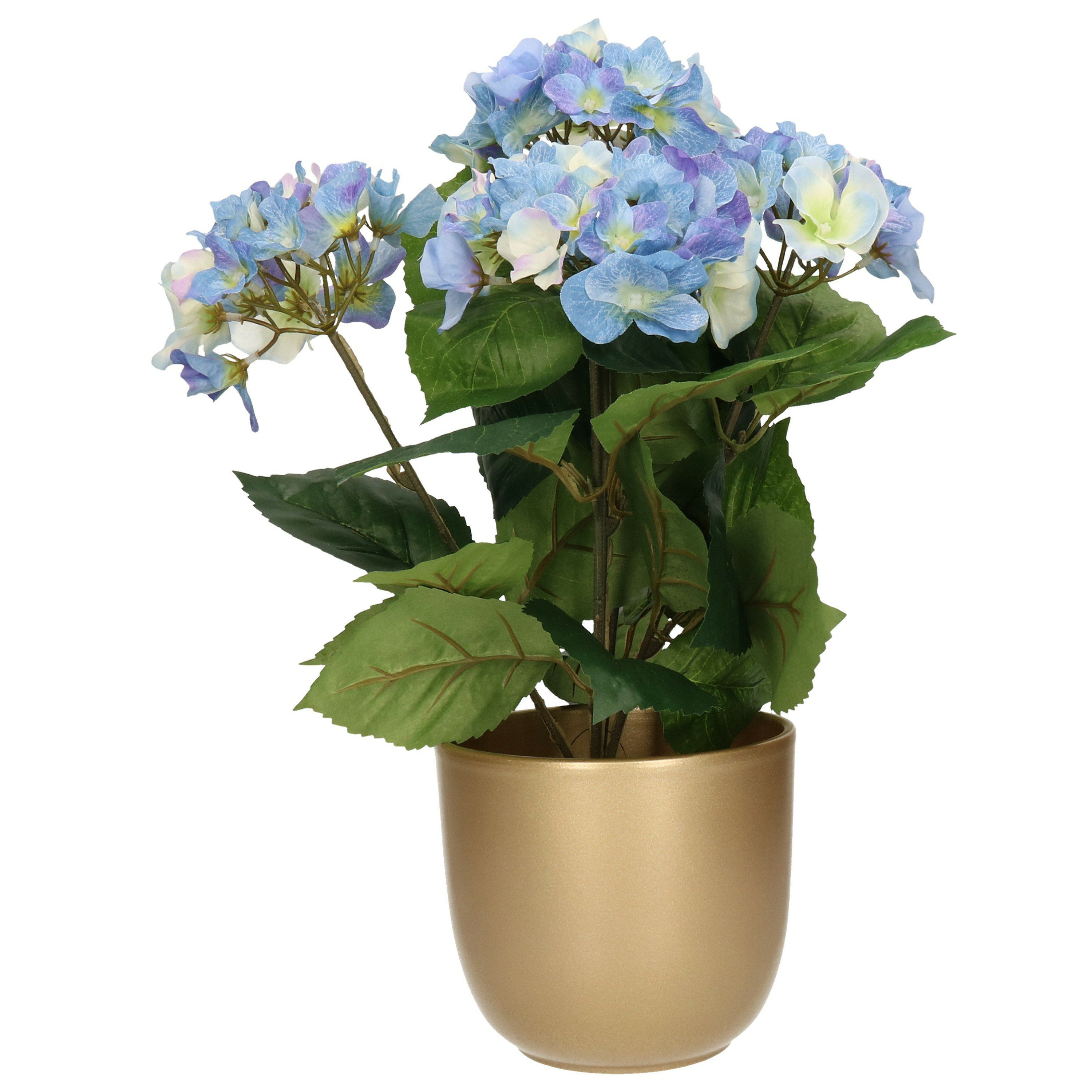 Hortensia kunstplant met bloemen blauw in pot goud 40 cm hoog
