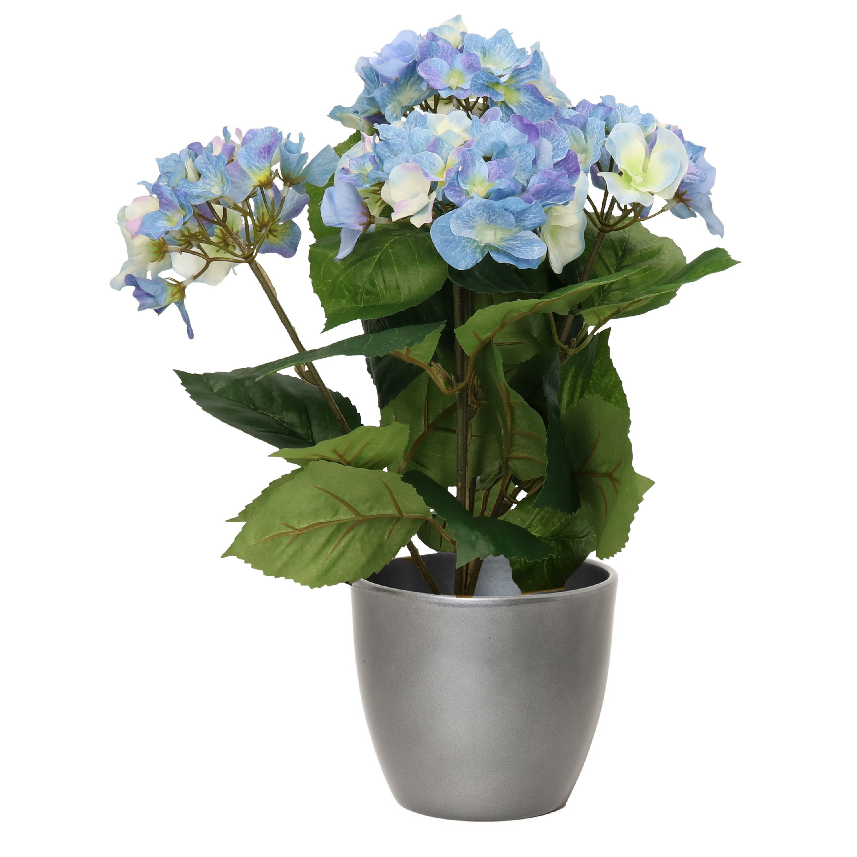Hortensia kunstplant met bloemen blauw in pot metallic zilver 40 cm hoog
