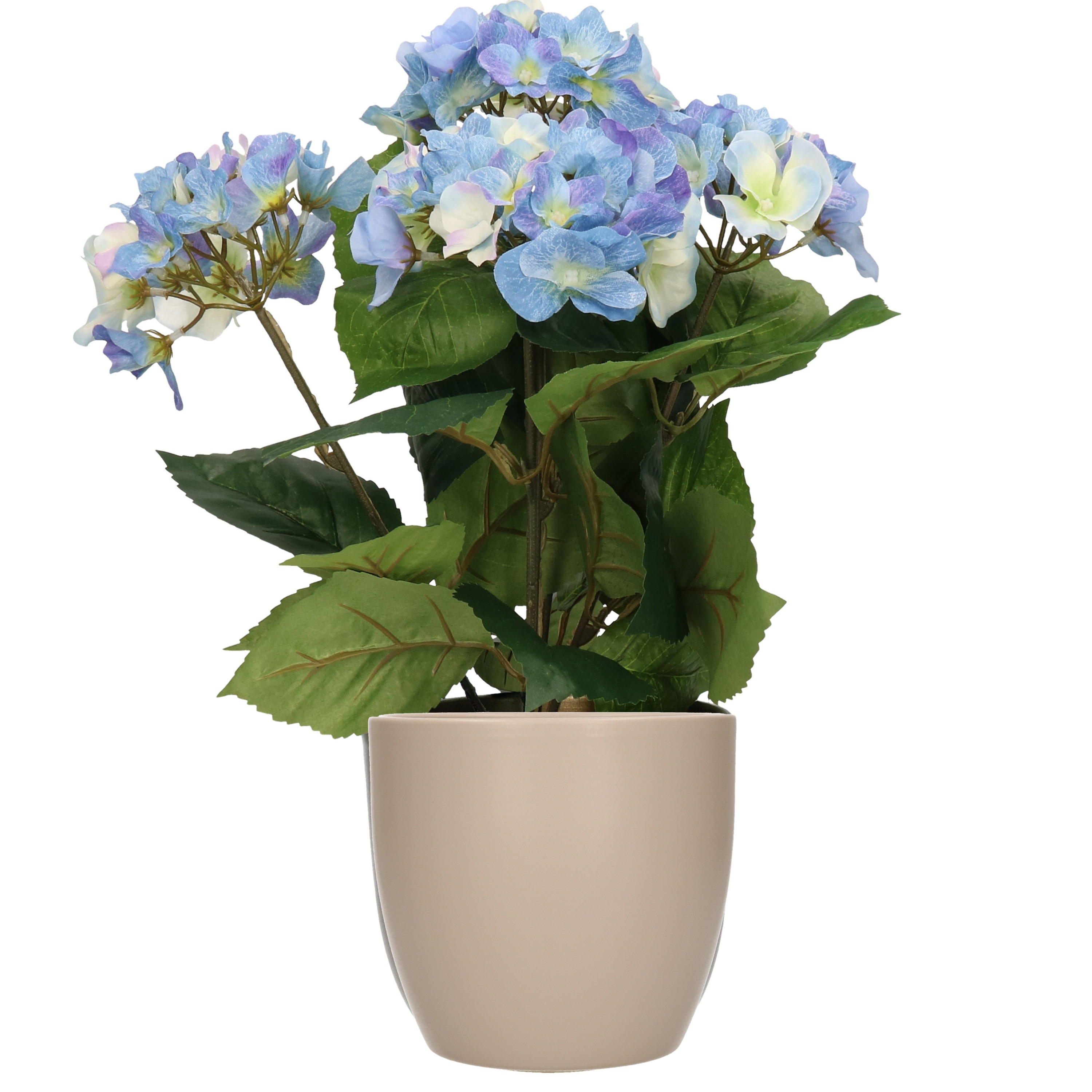 Hortensia kunstplant met bloemen blauw in pot taupe 40 cm hoog