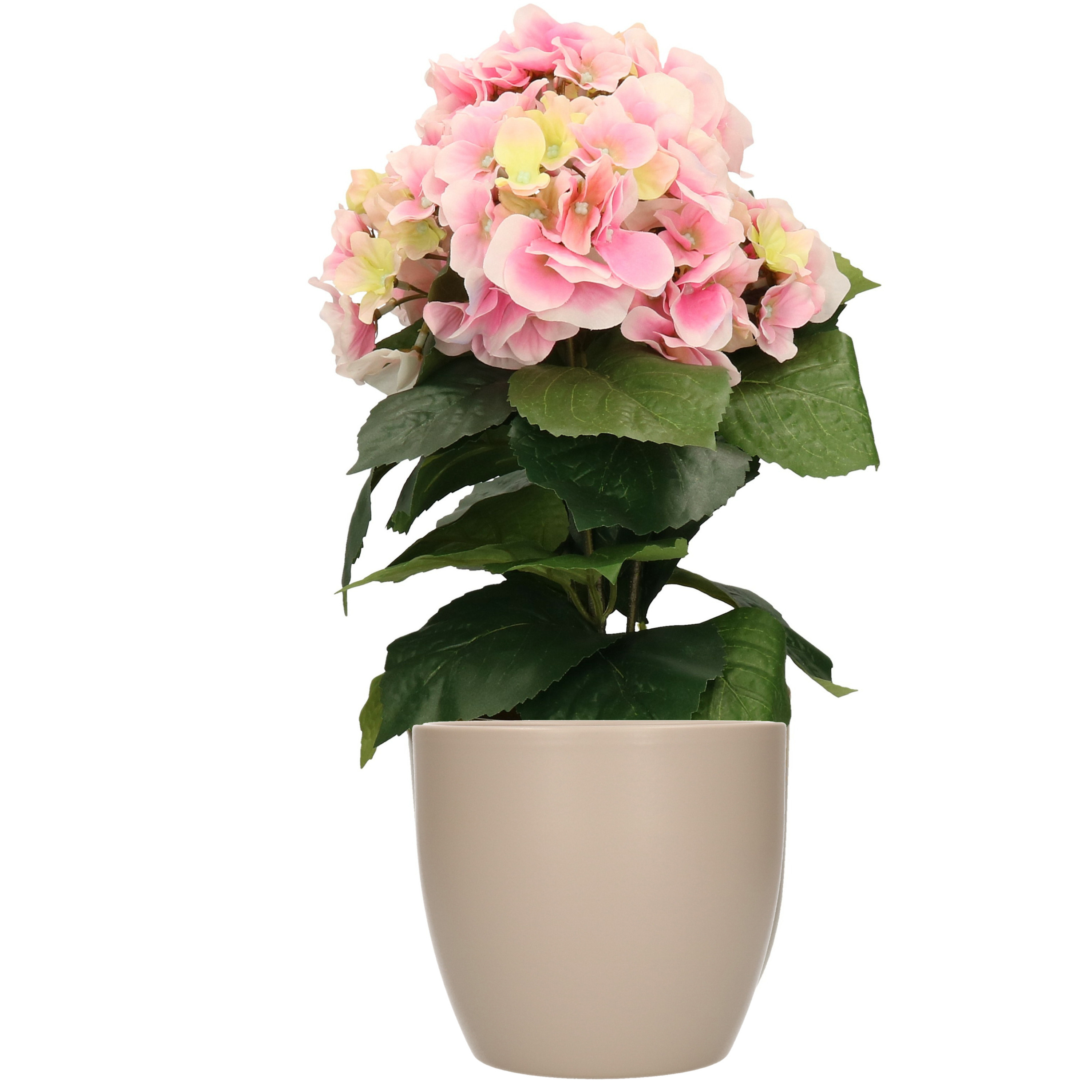 Hortensia kunstplant met bloemen lichtroze in pot taupe 40 cm hoog