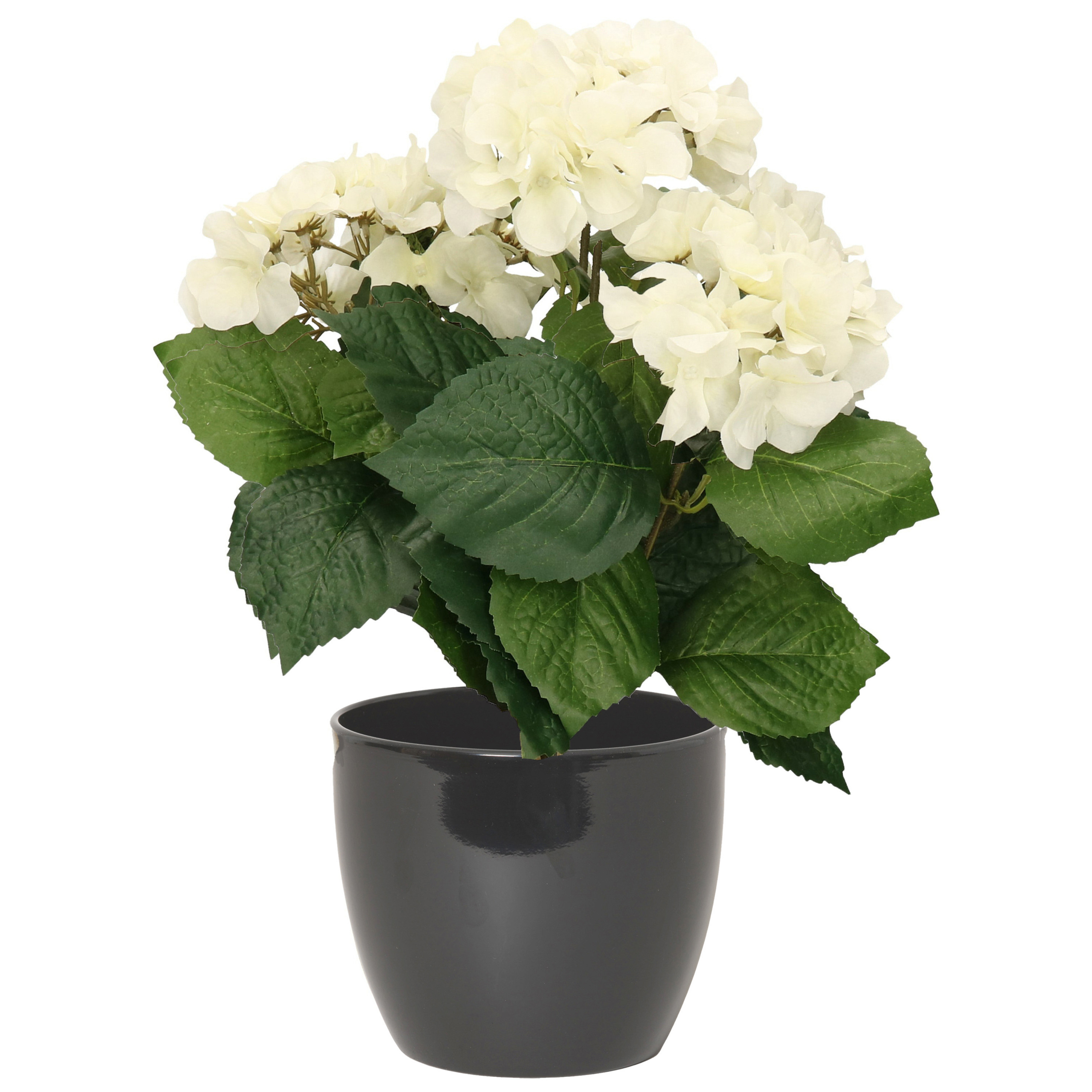 Hortensia kunstplant met bloemen wit in pot antraciet grijs 40 cm hoog