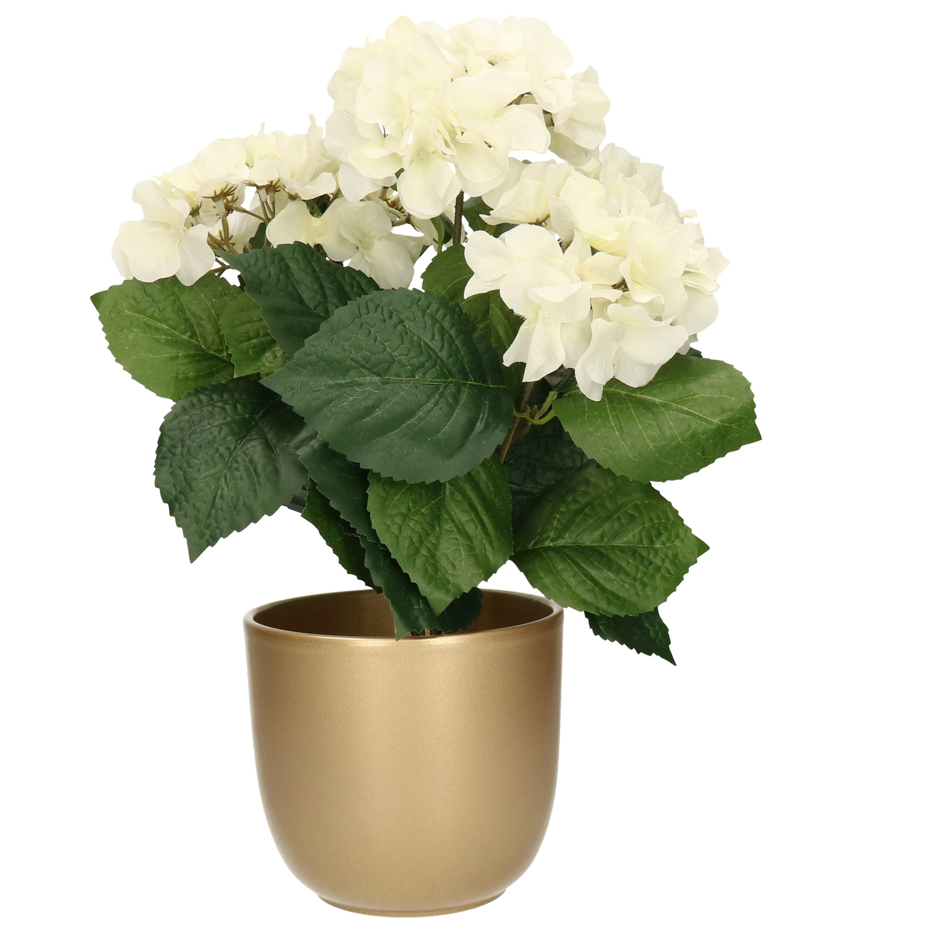 Hortensia kunstplant met bloemen wit in pot goud 40 cm hoog