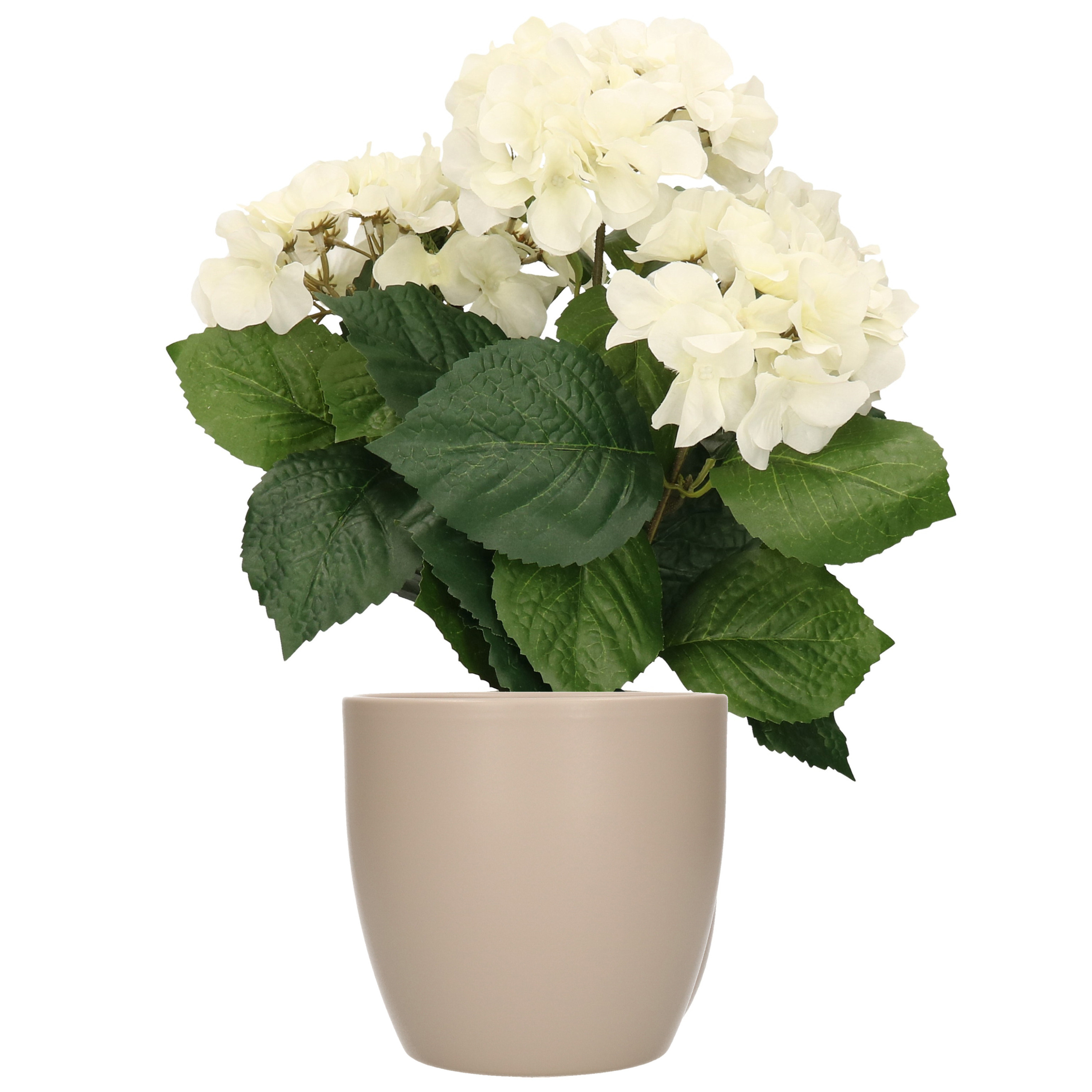Hortensia kunstplant met bloemen wit in pot taupe 40 cm hoog