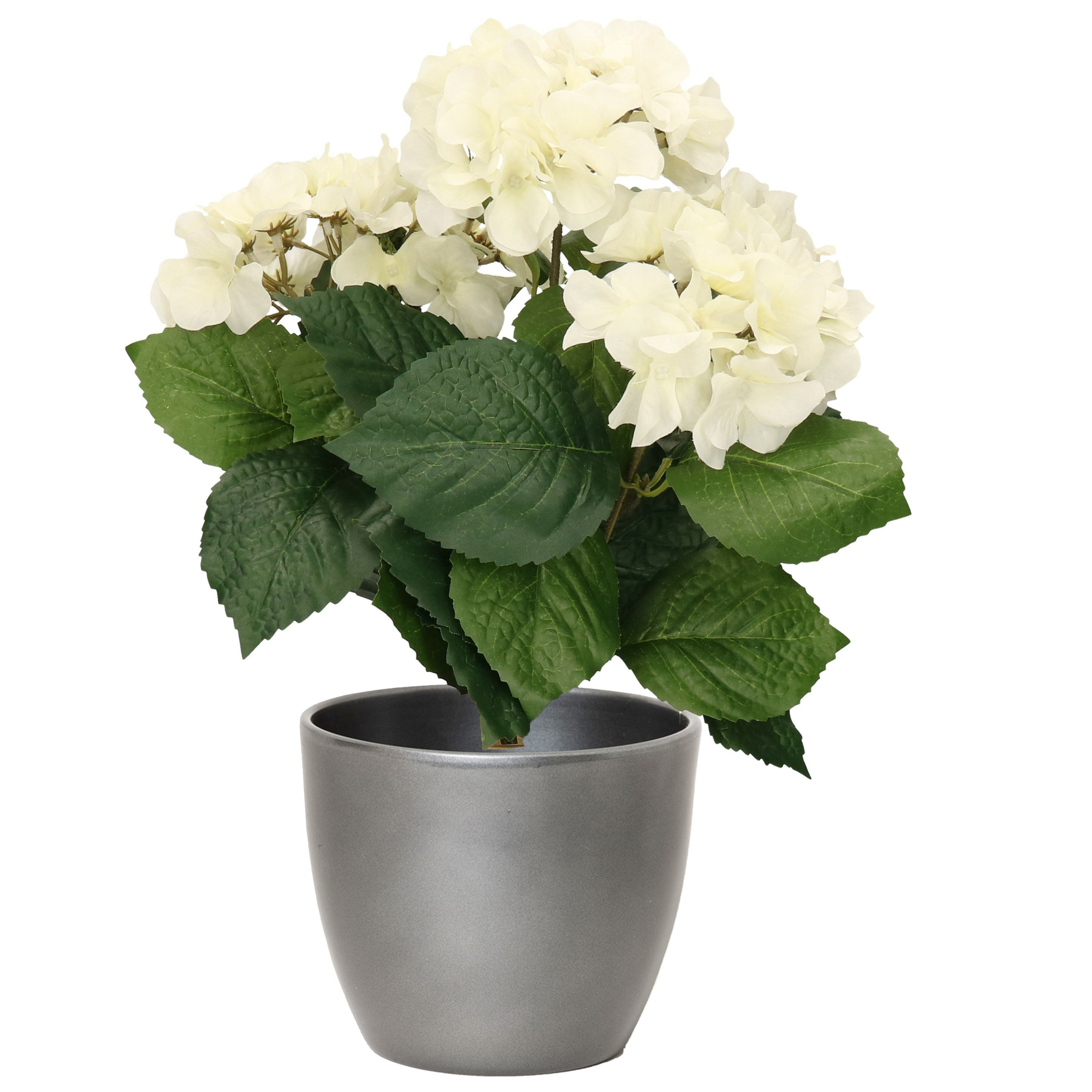 Hortensia kunstplant met bloemen wit in pot zilver metallic 40 cm hoog