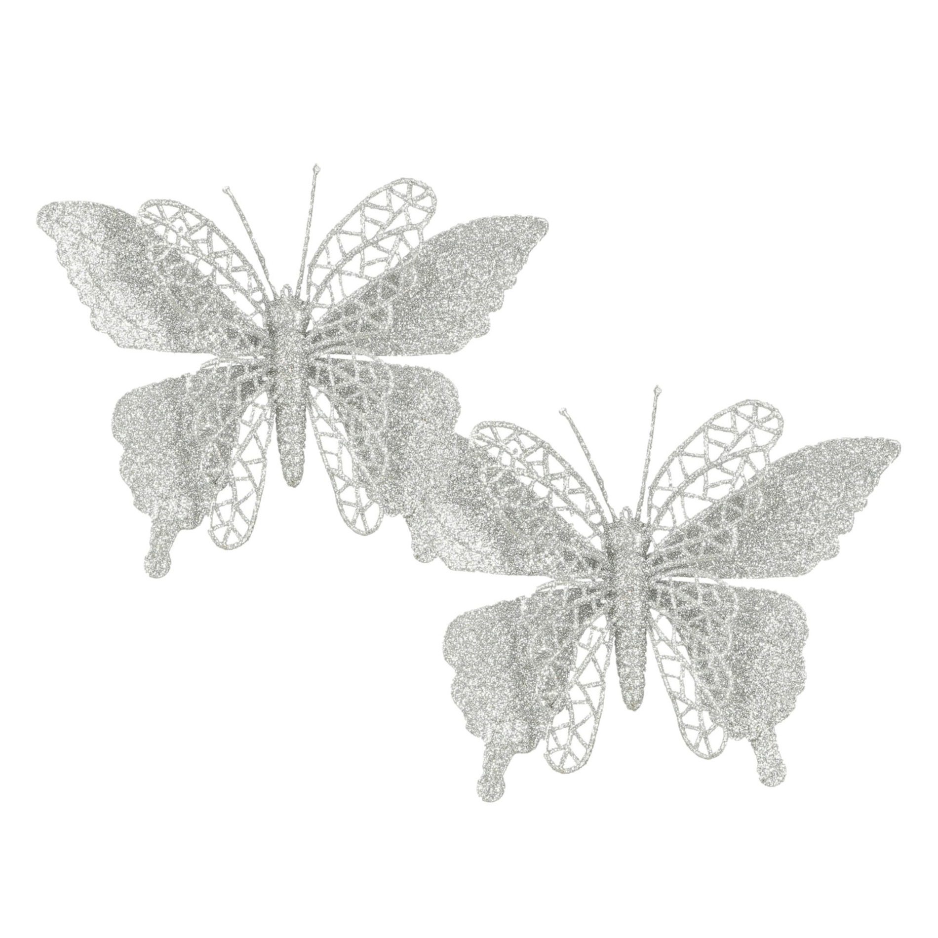 House of Seasons vlinders op clip 2x stuks zilver glitter 16 cm